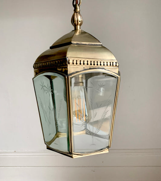 Copper & Brass Chelsea Pendant Lantern / Bevelled & Etched Glass / 35cm Tall
