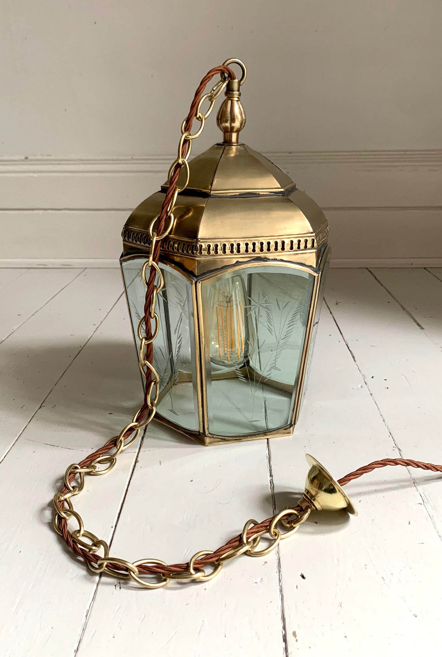 Copper & Brass Chelsea Pendant Lantern / Bevelled & Etched Glass / 35cm Tall