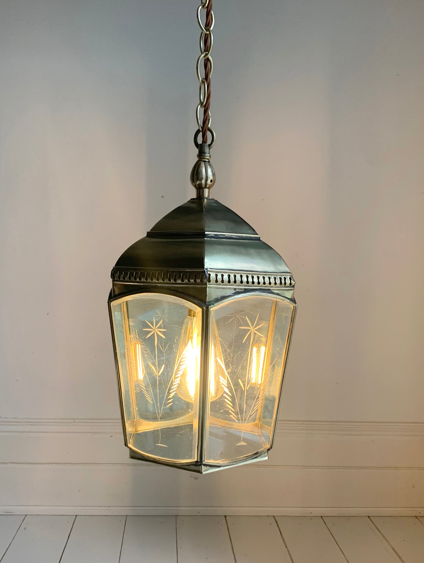 Copper & Brass Chelsea Pendant Lantern / Bevelled & Etched Glass / 35cm Tall