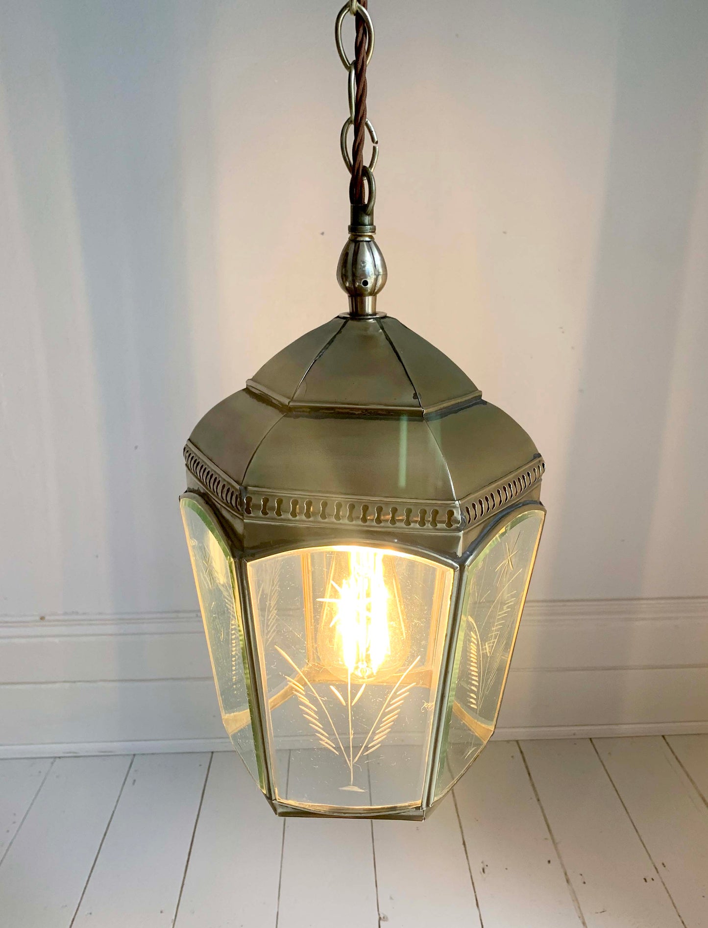 Copper & Brass Chelsea Pendant Lantern / Bevelled & Etched Glass / 35cm Tall