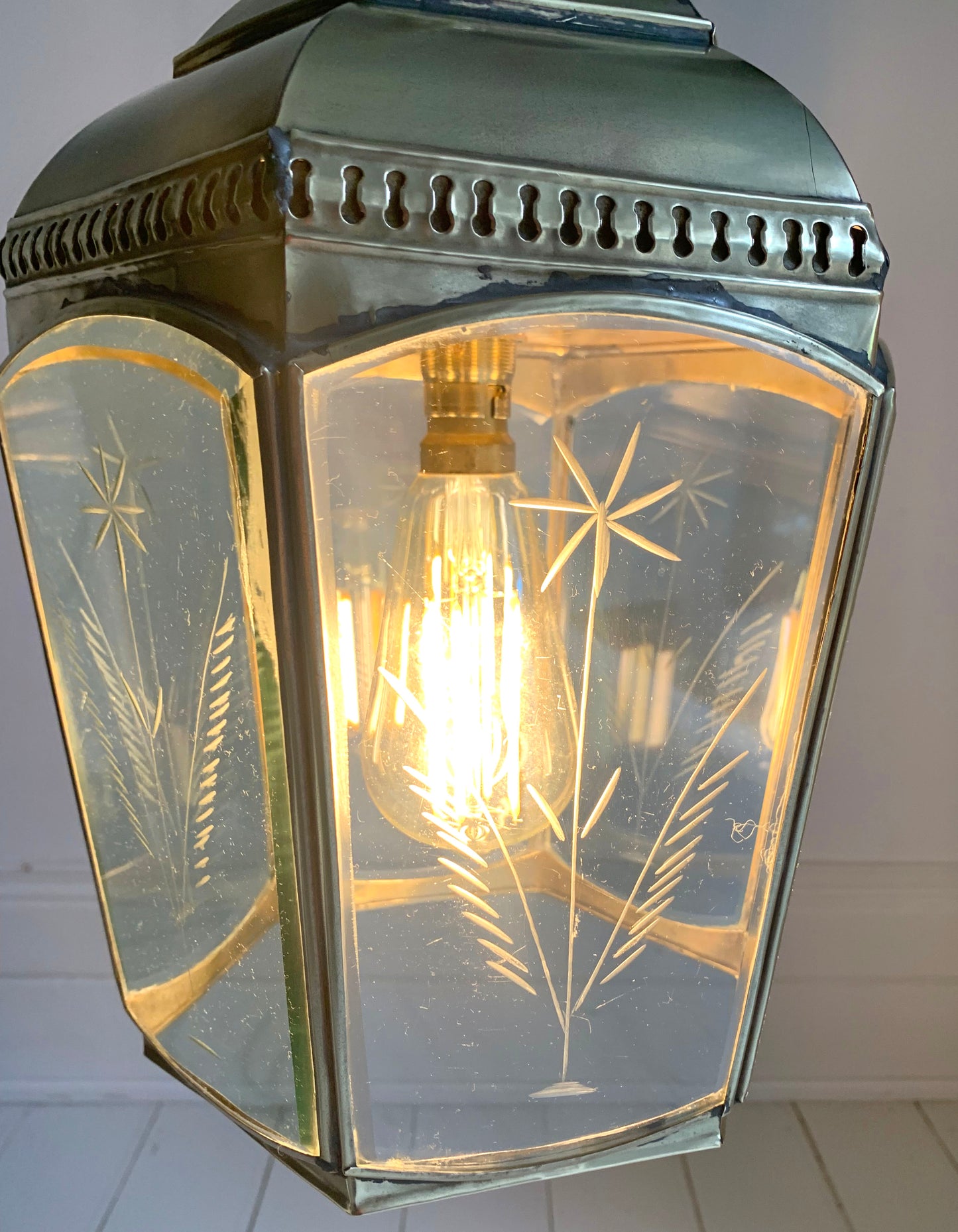 Copper & Brass Chelsea Pendant Lantern / Bevelled & Etched Glass / 35cm Tall