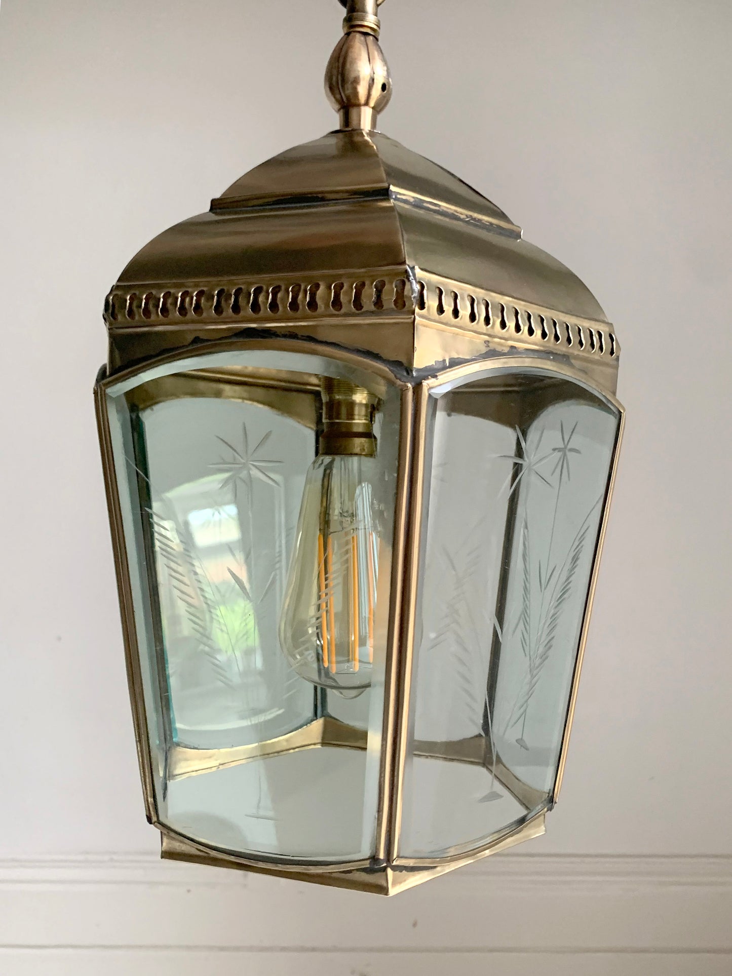 Copper & Brass Chelsea Pendant Lantern / Bevelled & Etched Glass / 35cm Tall
