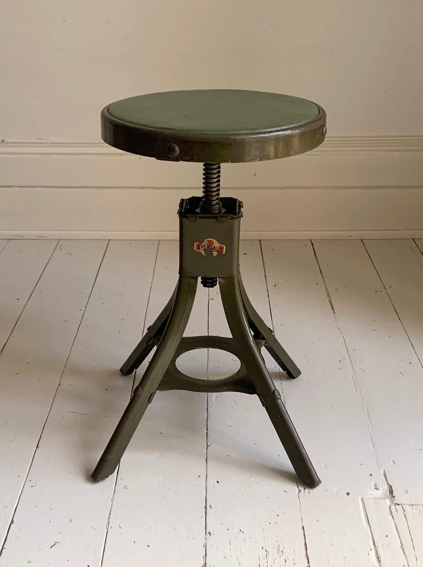 Vintage Evertaut Industrial/Machinist Adjustable Height Swivel Khaki Green Stool