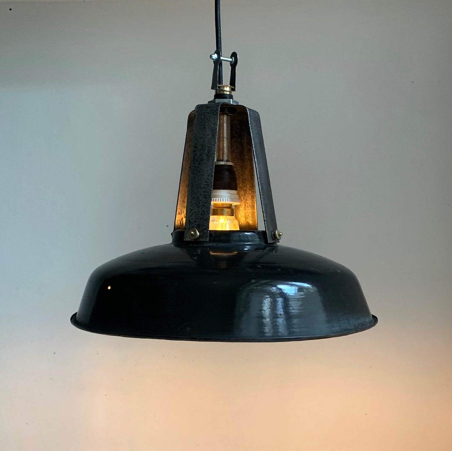 Vintage French Black Enamel Industrial Light Shade with Great Patina
