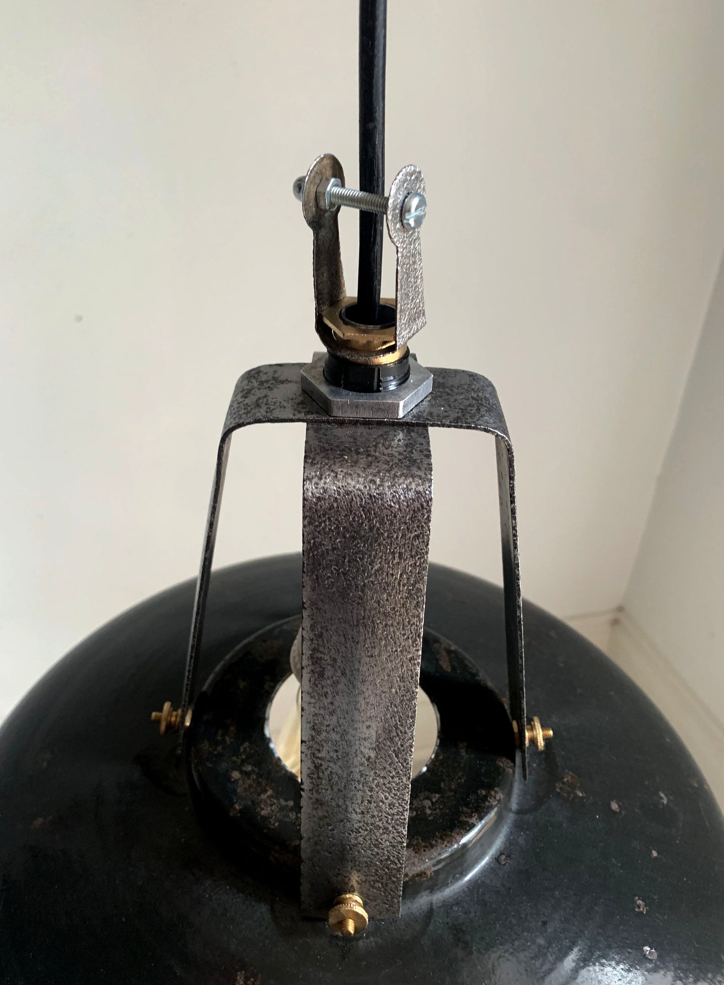 Vintage French Black Enamel Industrial Light Shade with Great Patina
