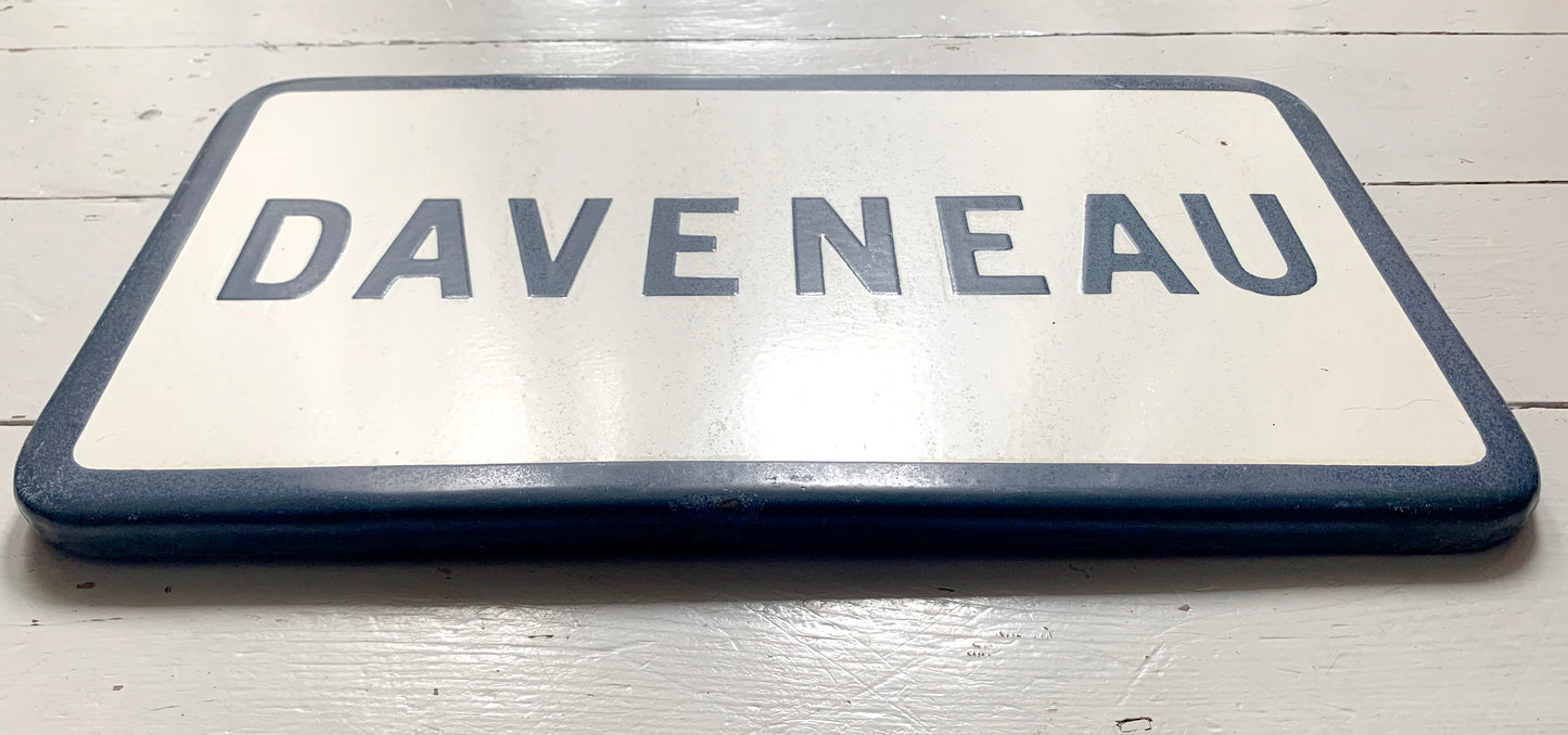 Genuine Vintage French Enamel Street Sign 'DAVENEAU' French Navy on Cream