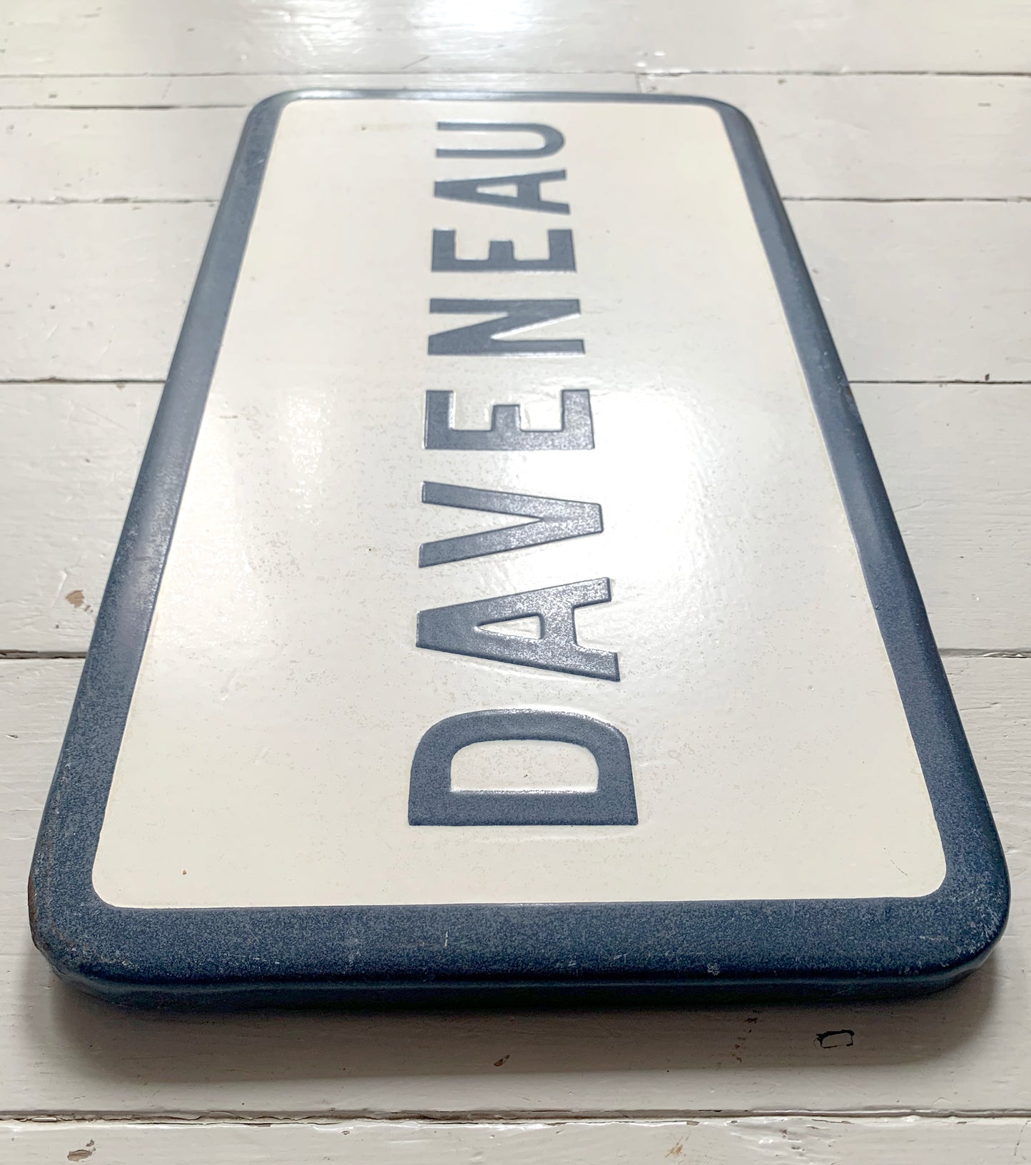 Genuine Vintage French Enamel Street Sign 'DAVENEAU' French Navy on Cream