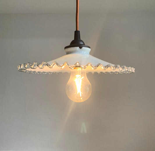 Vintage French Opaline Round Glass Ceiling Light Shade with Frilly Edge #2