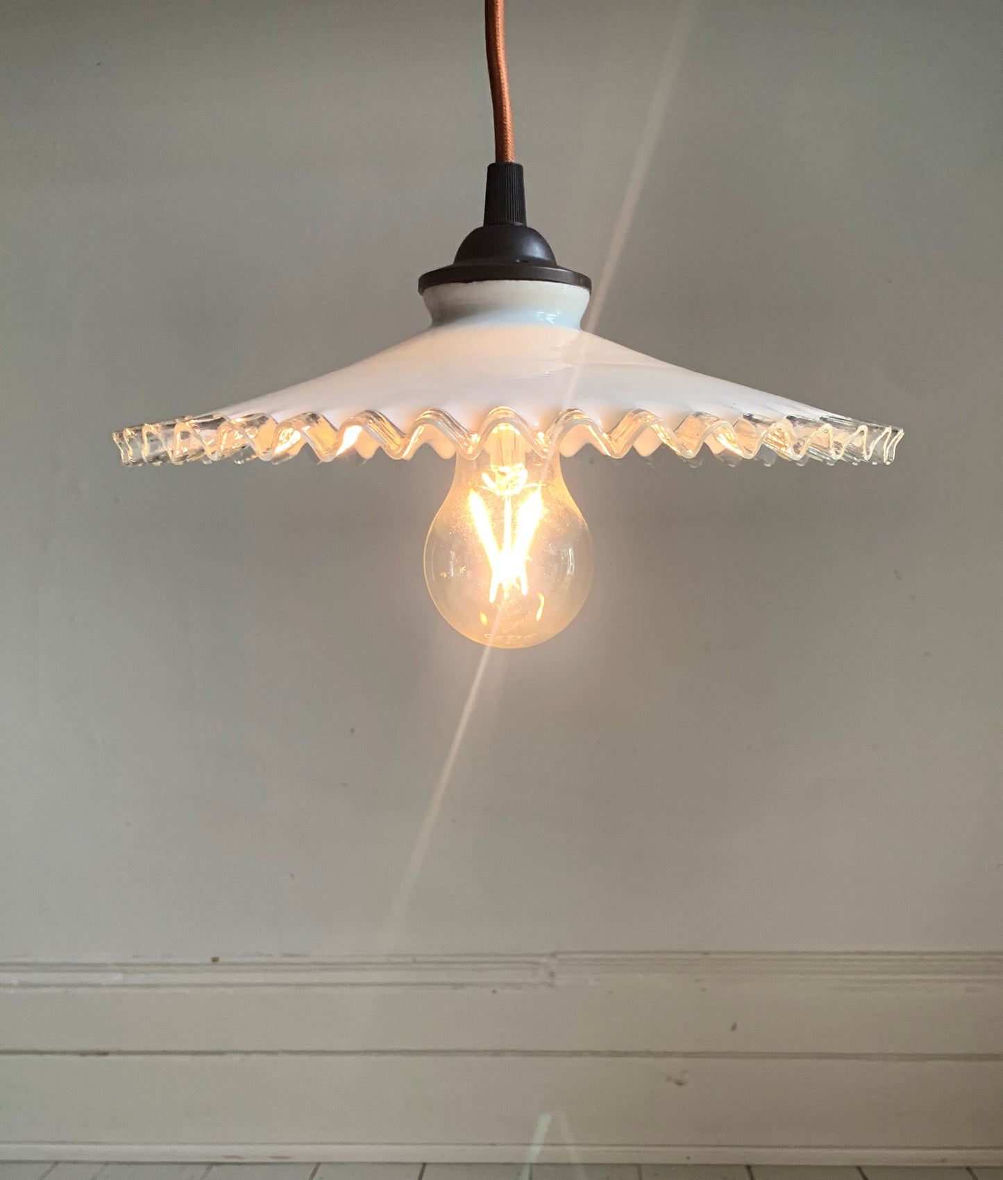 Vintage French Opaline Round Glass Ceiling Light Shade with Frilly Edge