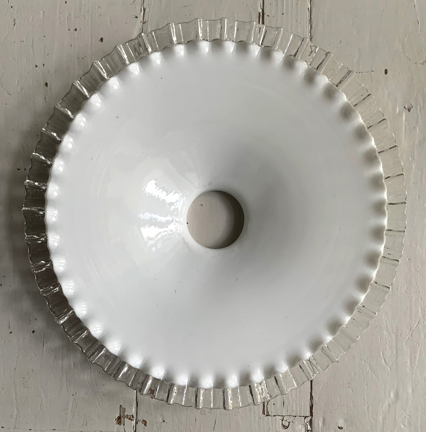 Vintage French Opaline Round Glass Ceiling Light Shade with Frilly Edge