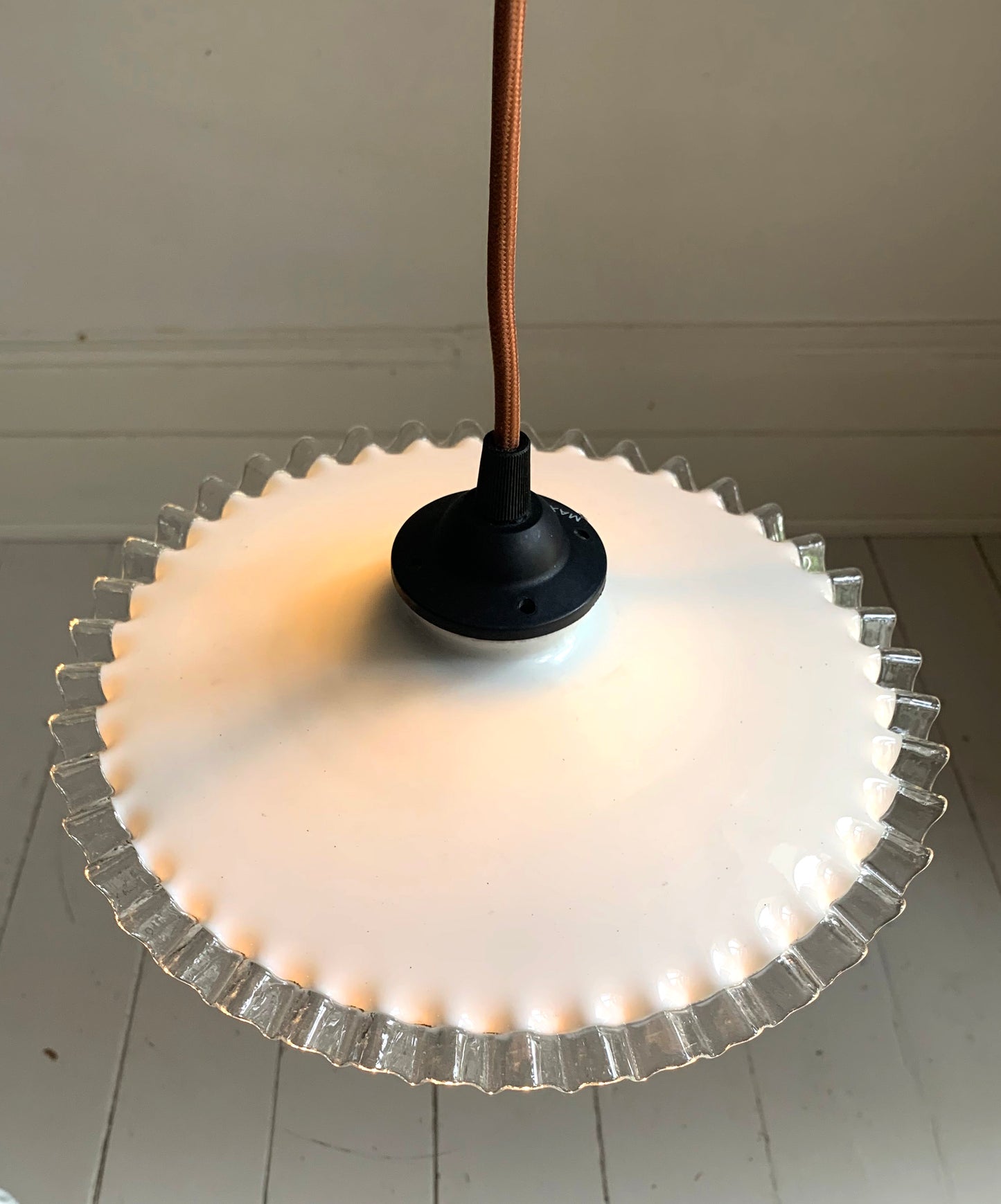 Vintage French Opaline Round Glass Ceiling Light Shade with Frilly Edge