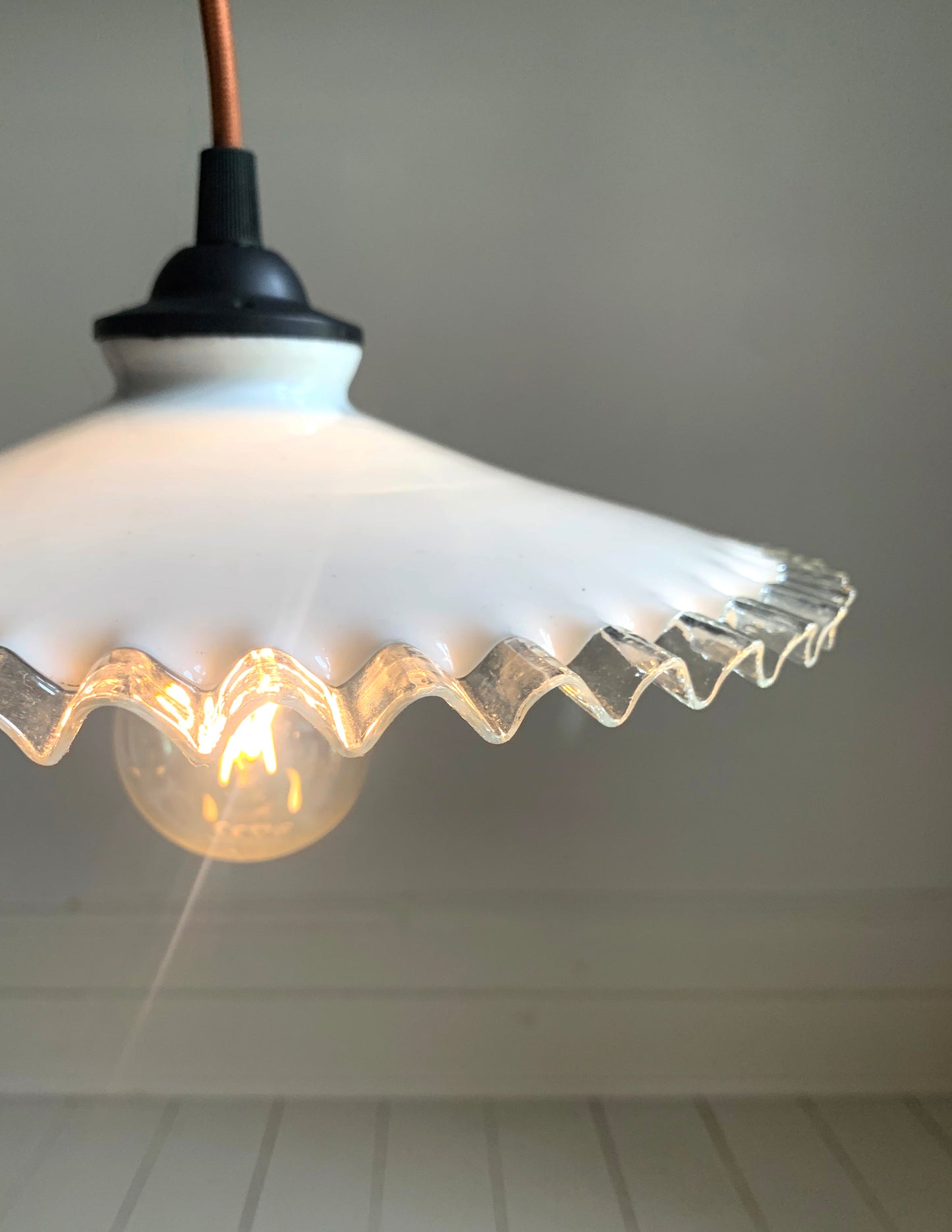 Vintage French Opaline Round Glass Ceiling Light Shade with Frilly Edge