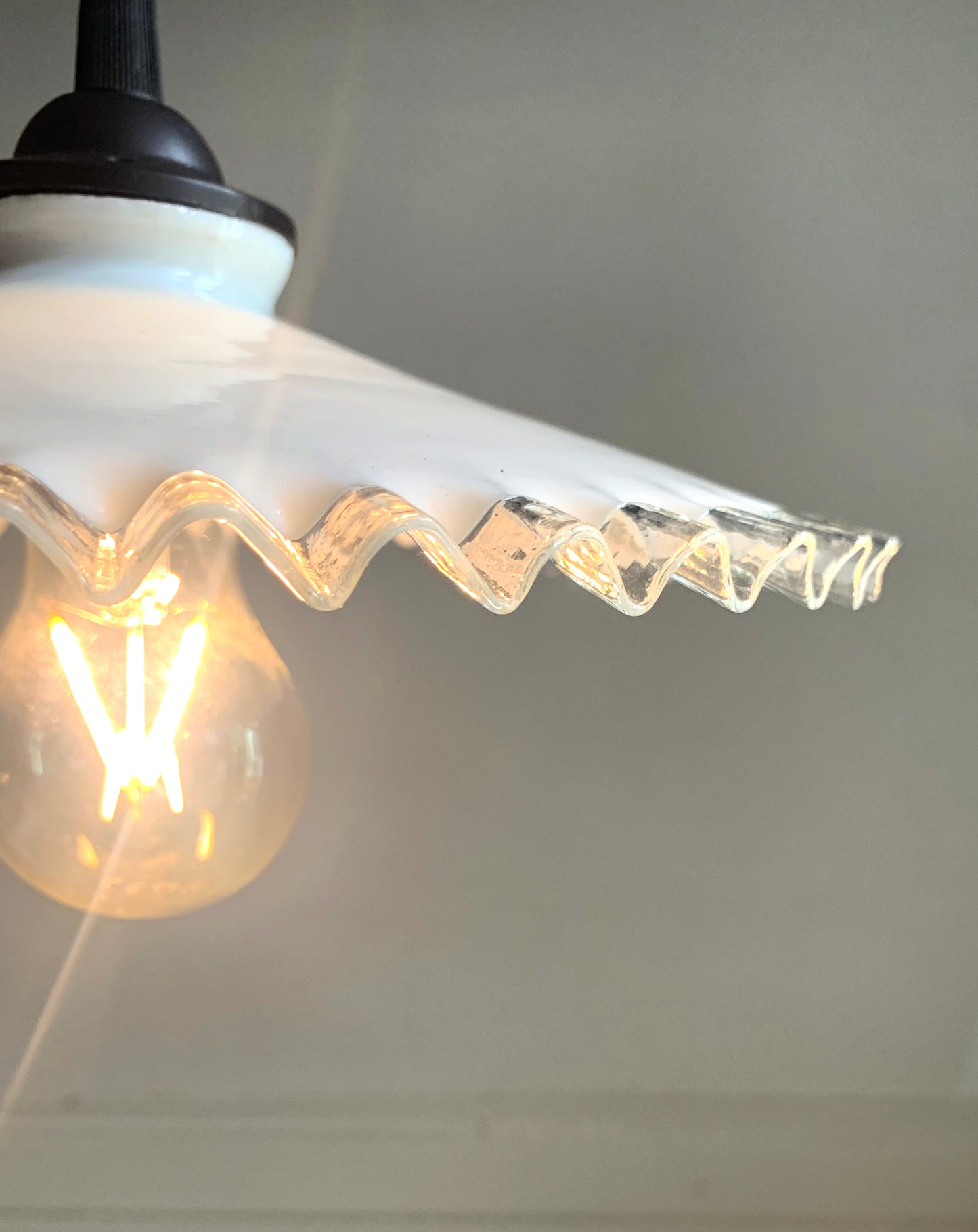 Vintage French Opaline Round Glass Ceiling Light Shade with Frilly Edge