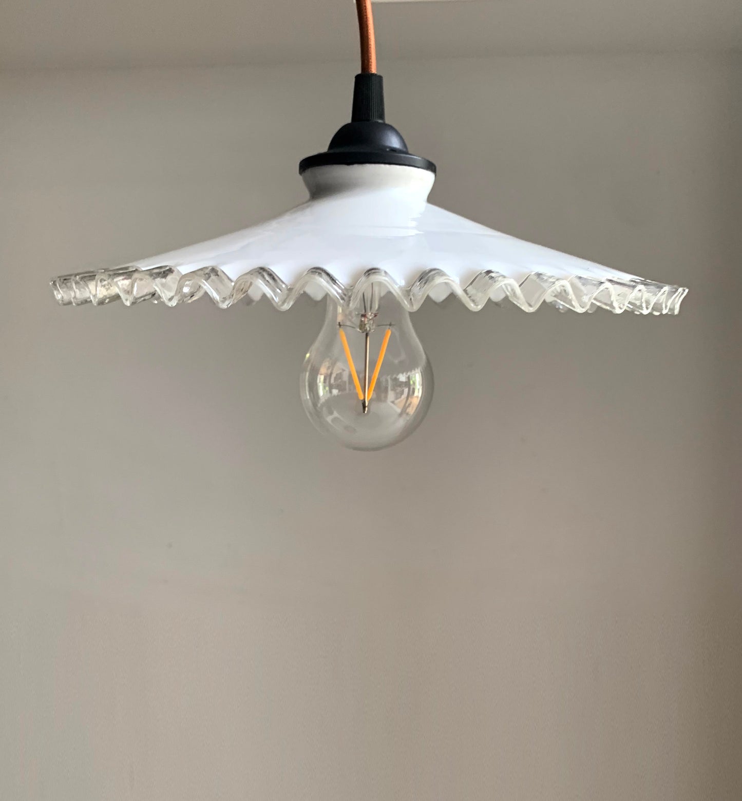 Vintage French Opaline Round Glass Ceiling Light Shade with Frilly Edge