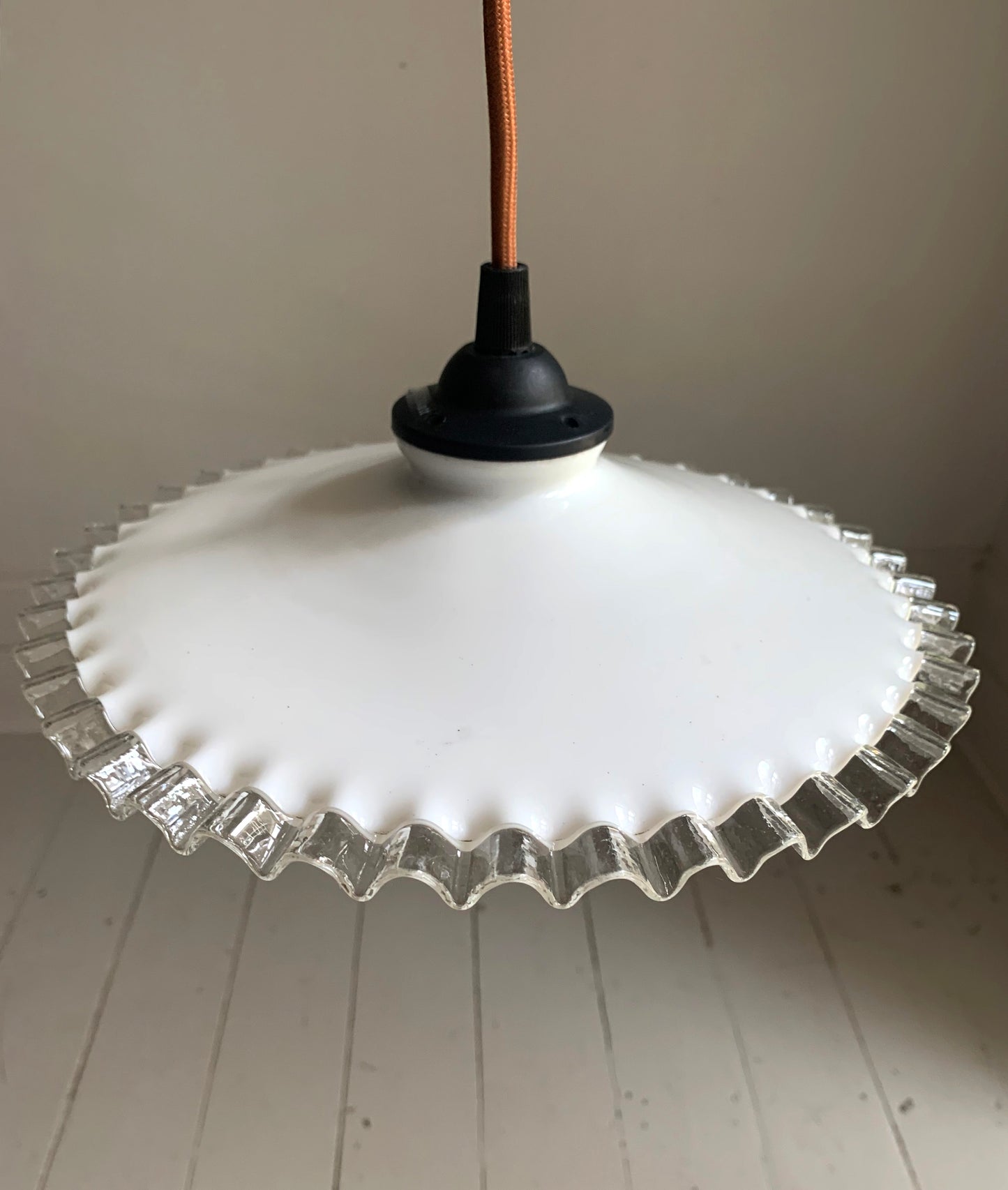 Vintage French Opaline Round Glass Ceiling Light Shade with Frilly Edge