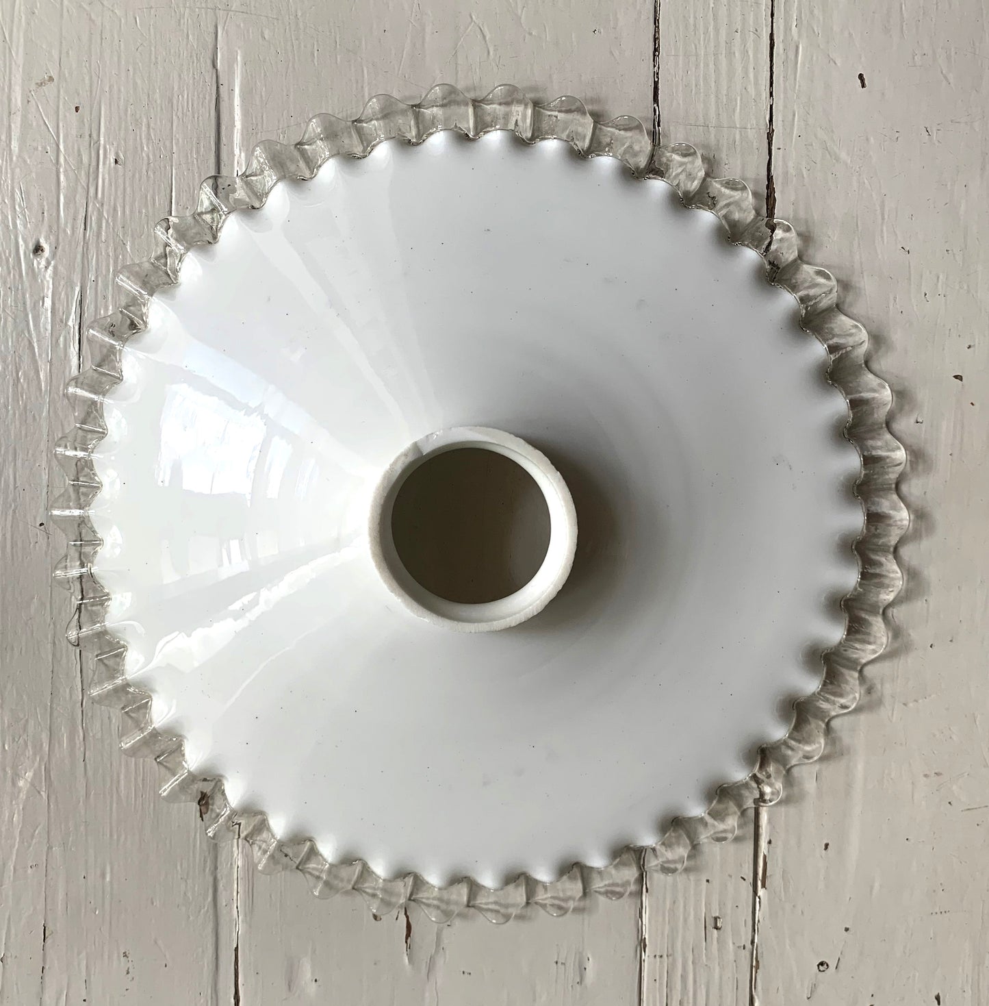Vintage French Opaline Round Glass Ceiling Light Shade with Frilly Edge