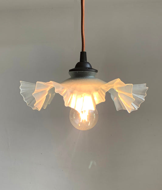 Vintage French Pale Green Opaque Glass Frilly Ceiling Pendant Light Shade