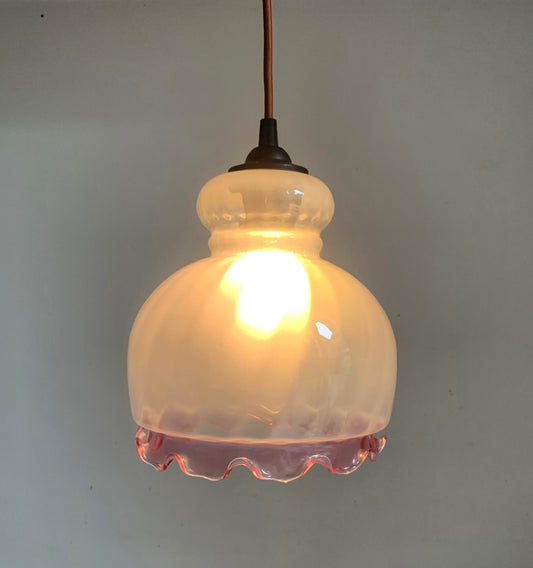 Vintage French White Opaque Swirled Glass Pendant Lightshade w/ Pink Frilly Edge