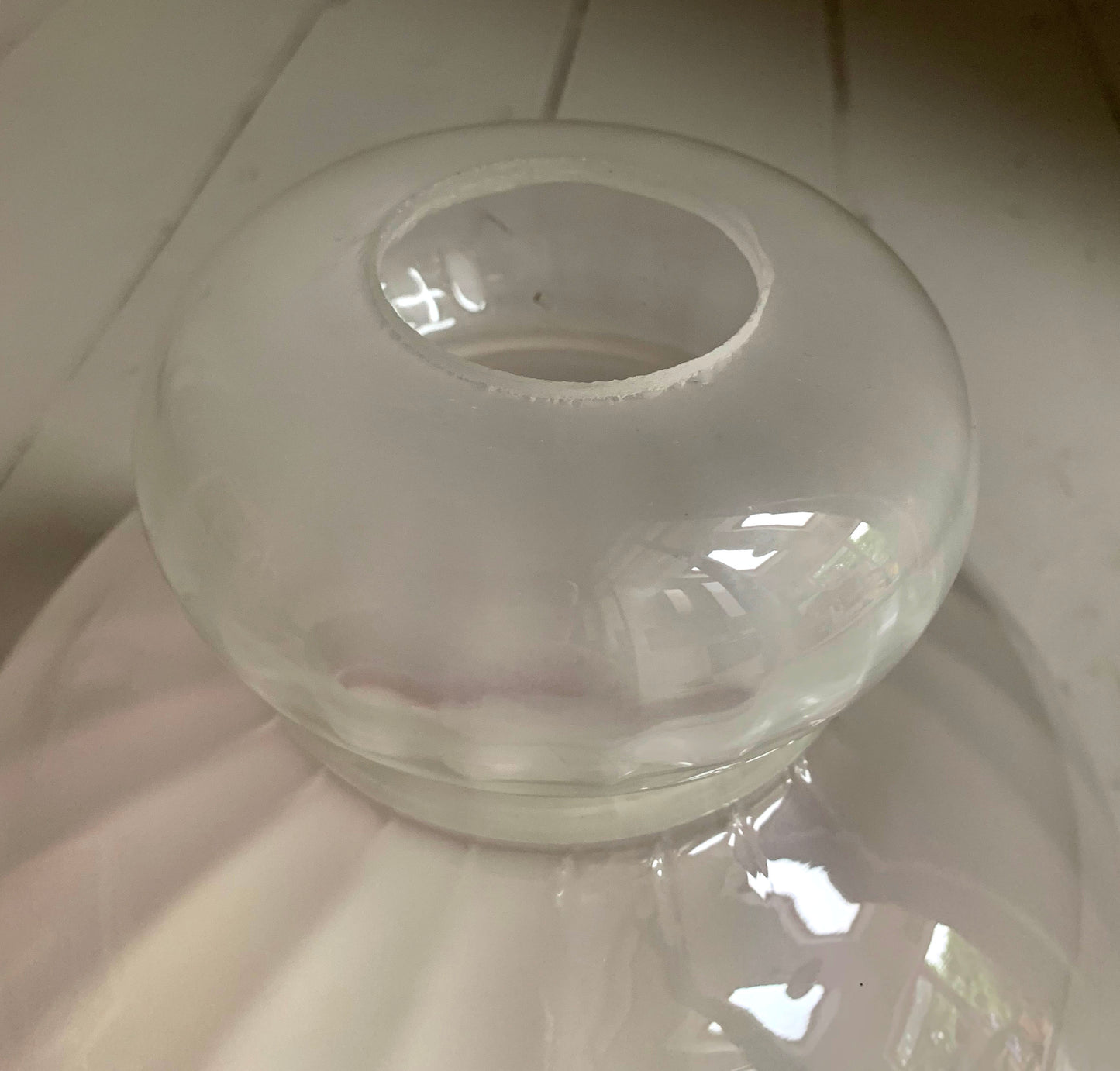 Vintage French White Opaque Swirled Glass Pendant Lightshade w/ Pink Frilly Edge
