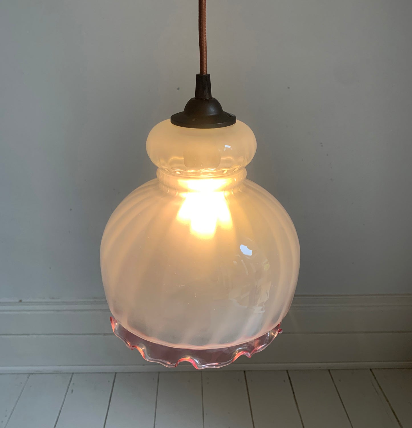 Vintage French White Opaque Swirled Glass Pendant Lightshade w/ Pink Frilly Edge