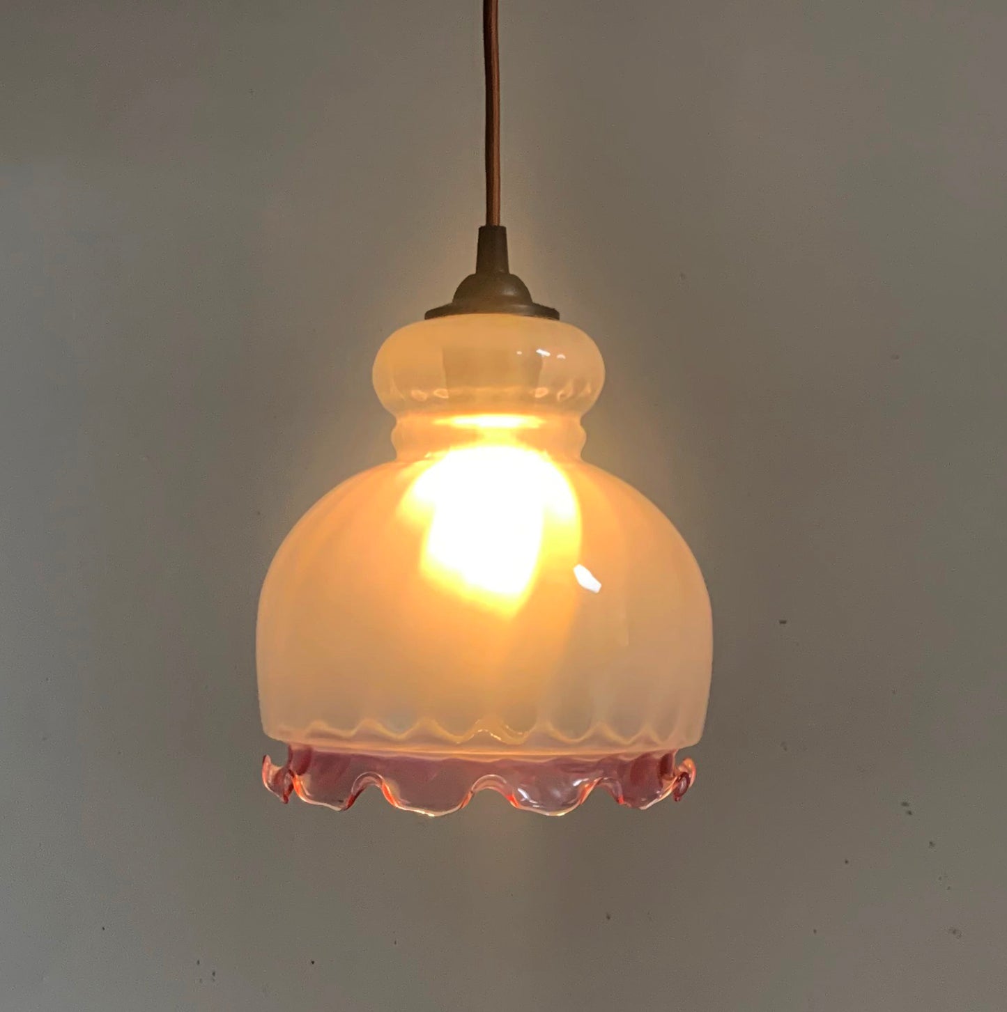 Vintage French White Opaque Swirled Glass Pendant Lightshade w/ Pink Frilly Edge