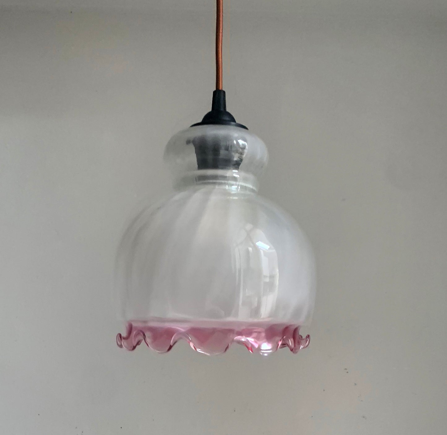 Vintage French White Opaque Swirled Glass Pendant Lightshade w/ Pink Frilly Edge