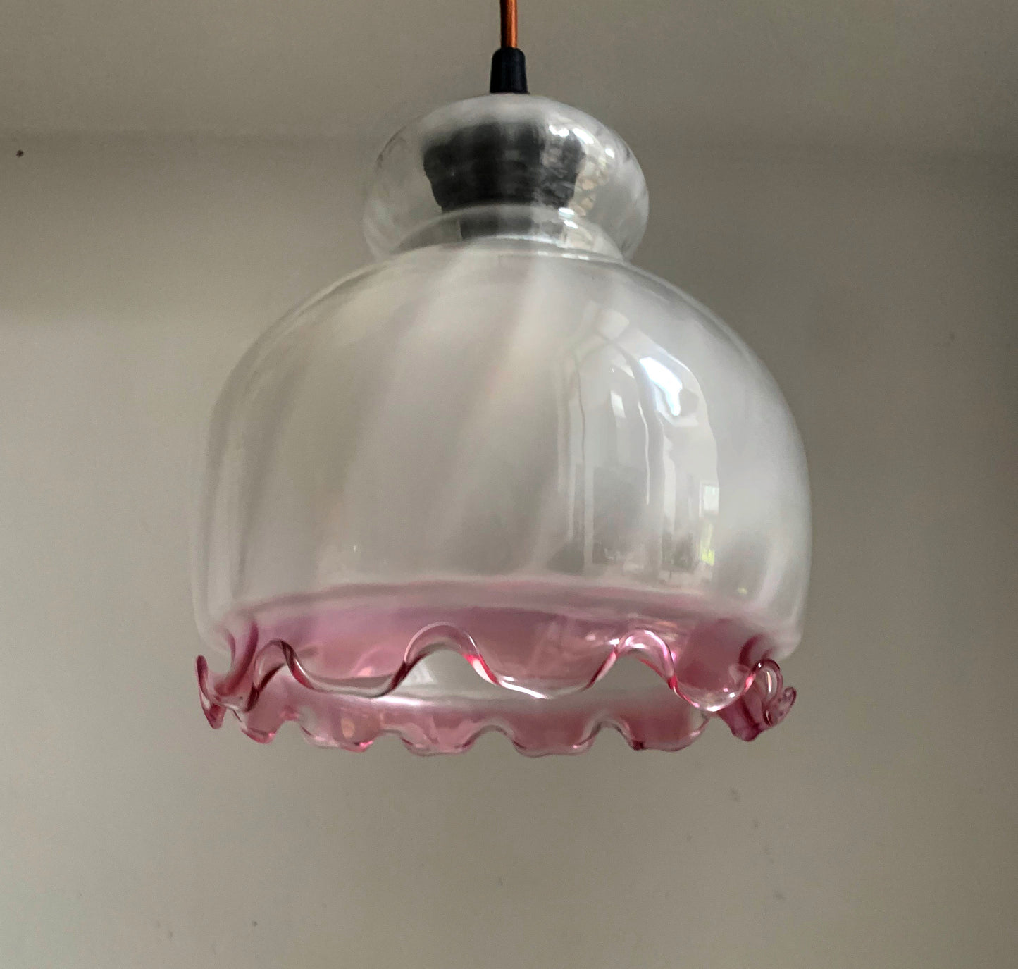 Vintage French White Opaque Swirled Glass Pendant Lightshade w/ Pink Frilly Edge