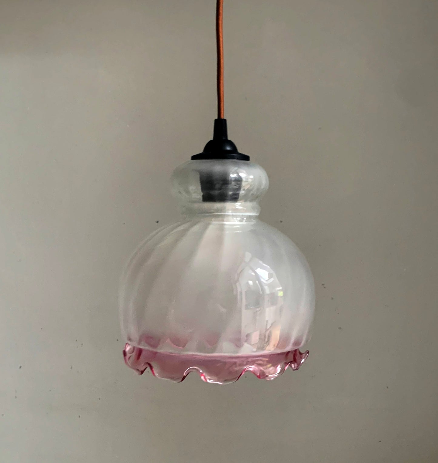 Vintage French White Opaque Swirled Glass Pendant Lightshade w/ Pink Frilly Edge