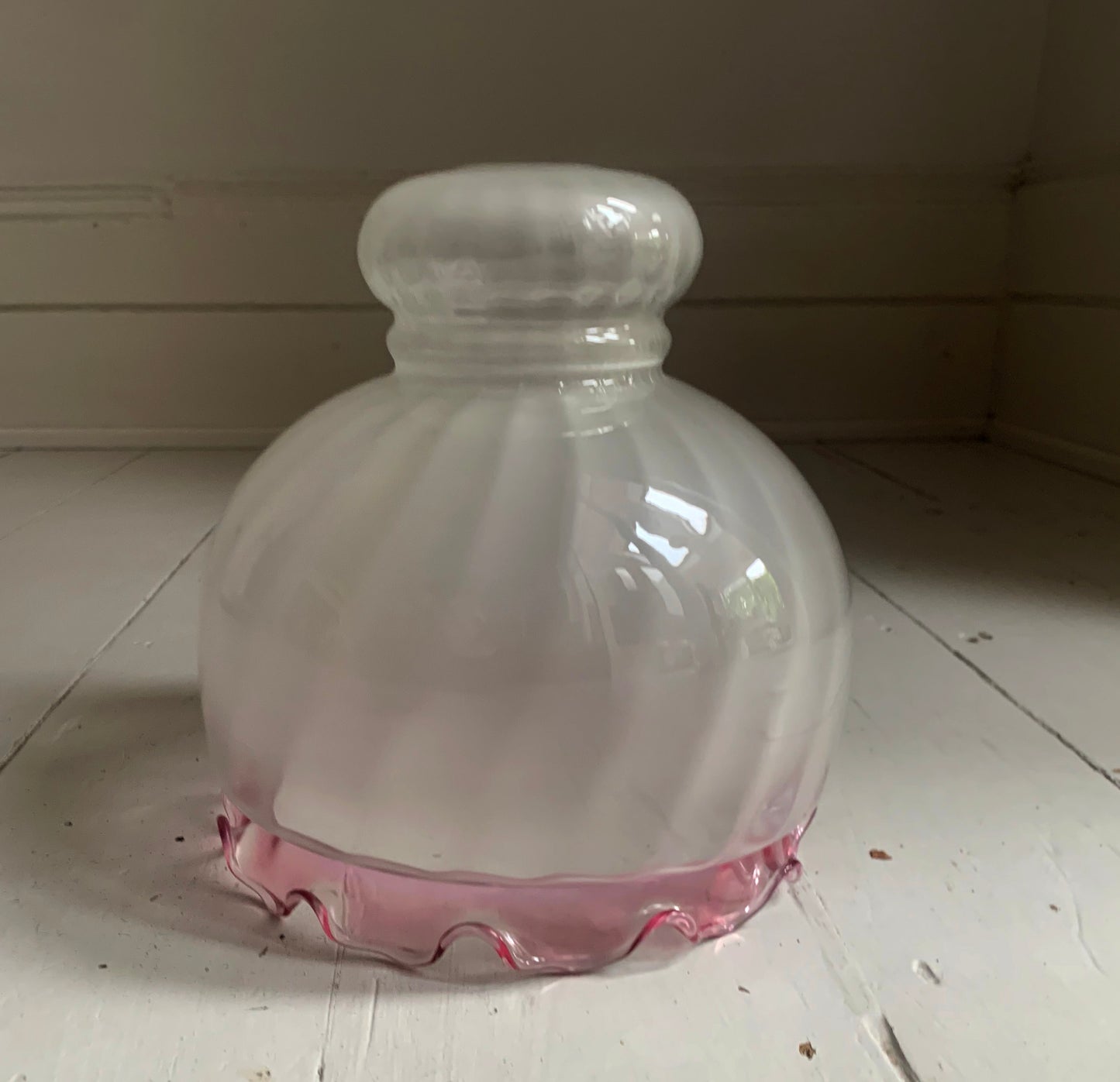 Vintage French White Opaque Swirled Glass Pendant Lightshade w/ Pink Frilly Edge