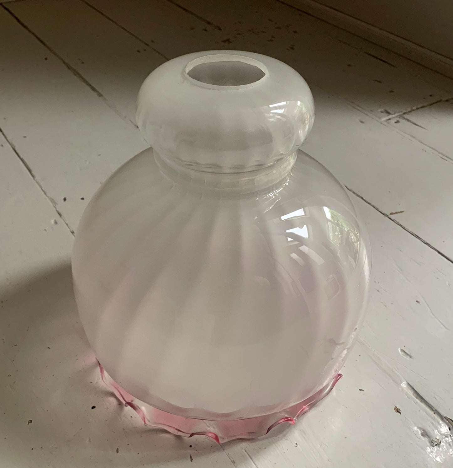 Vintage French White Opaque Swirled Glass Pendant Lightshade w/ Pink Frilly Edge