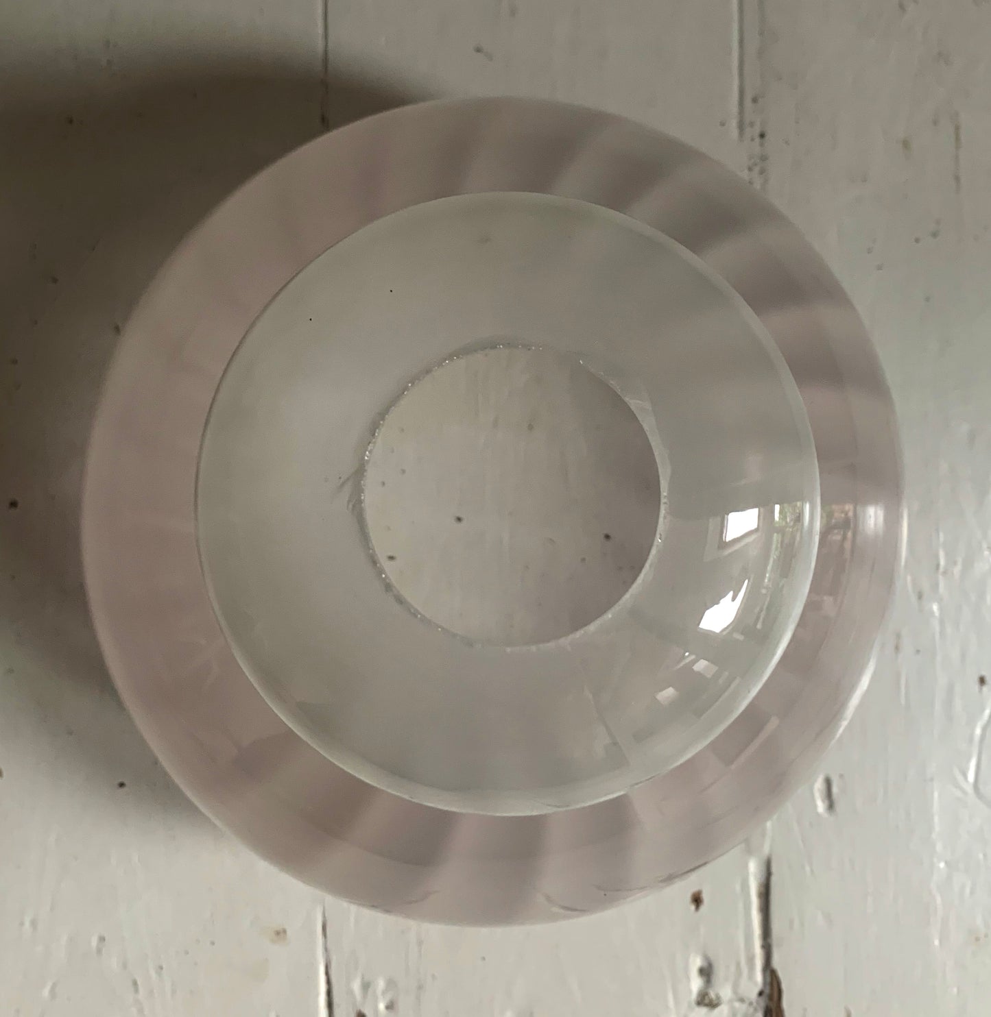 Vintage French White Opaque Swirled Glass Pendant Lightshade w/ Pink Frilly Edge