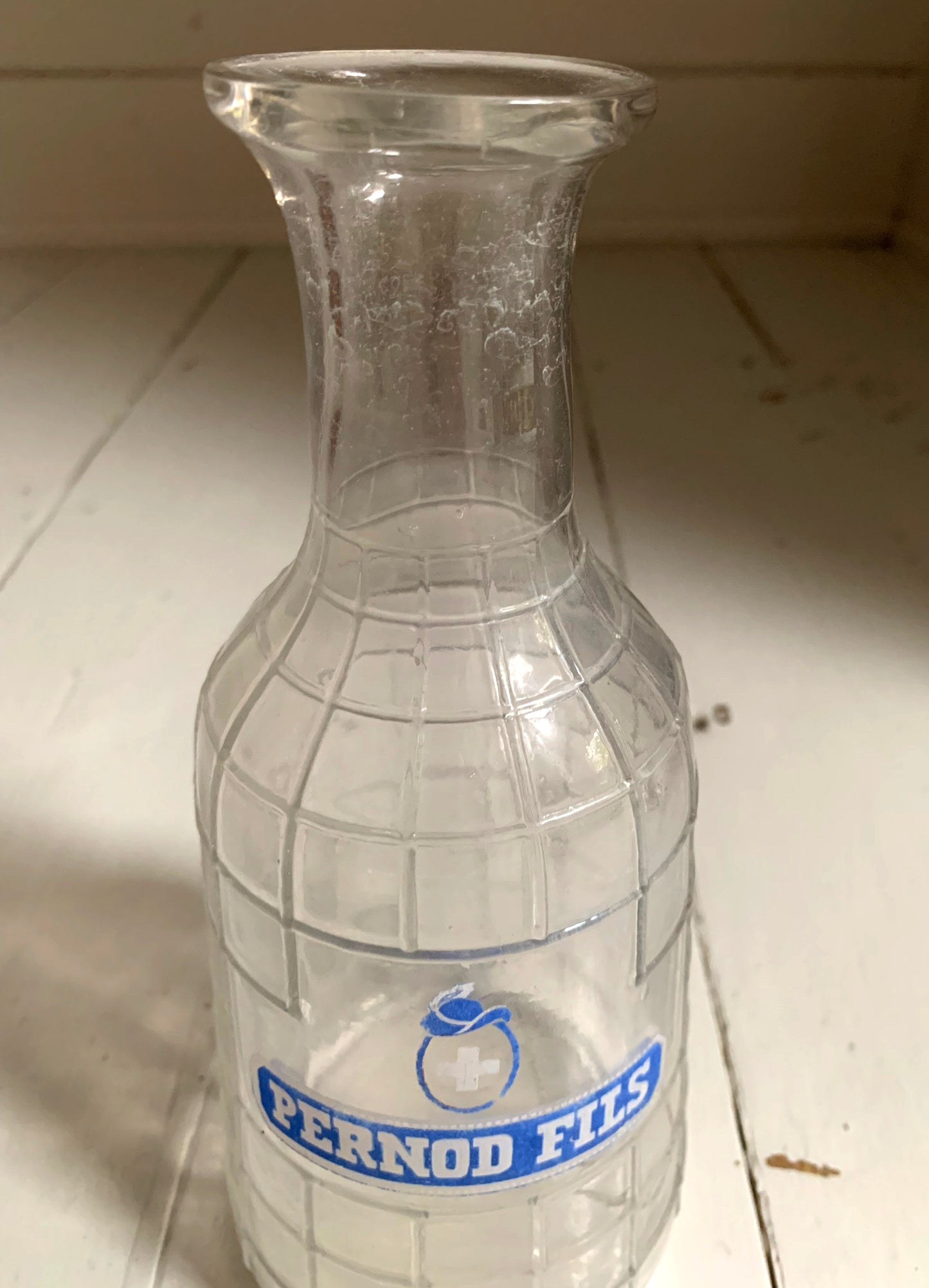 Vintage French Pernod Fills Clear Grid Glass Water Bottle / Decanter / Carafe