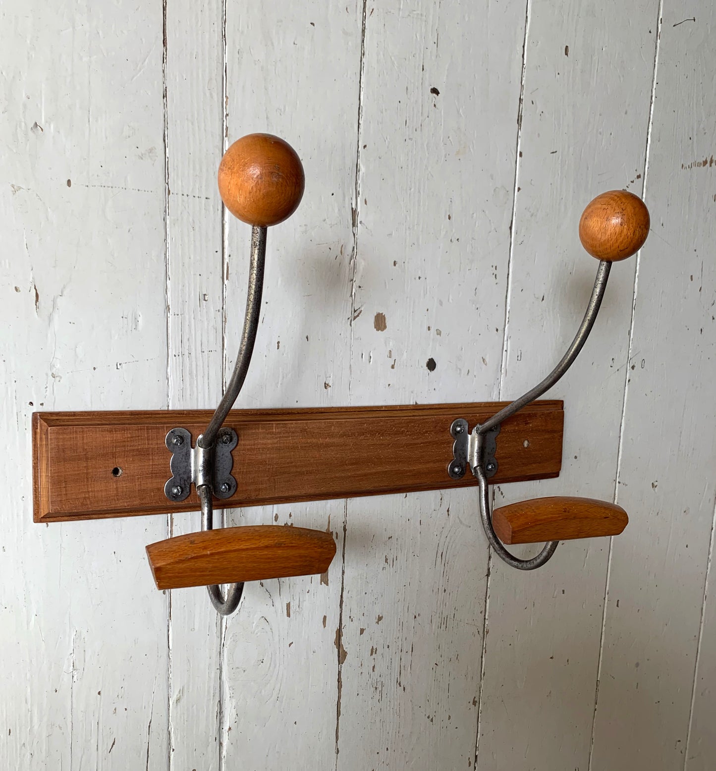 Vintage Wall Mounted Mid Century Modern Wooden Coat Rack with Two Double Hooks