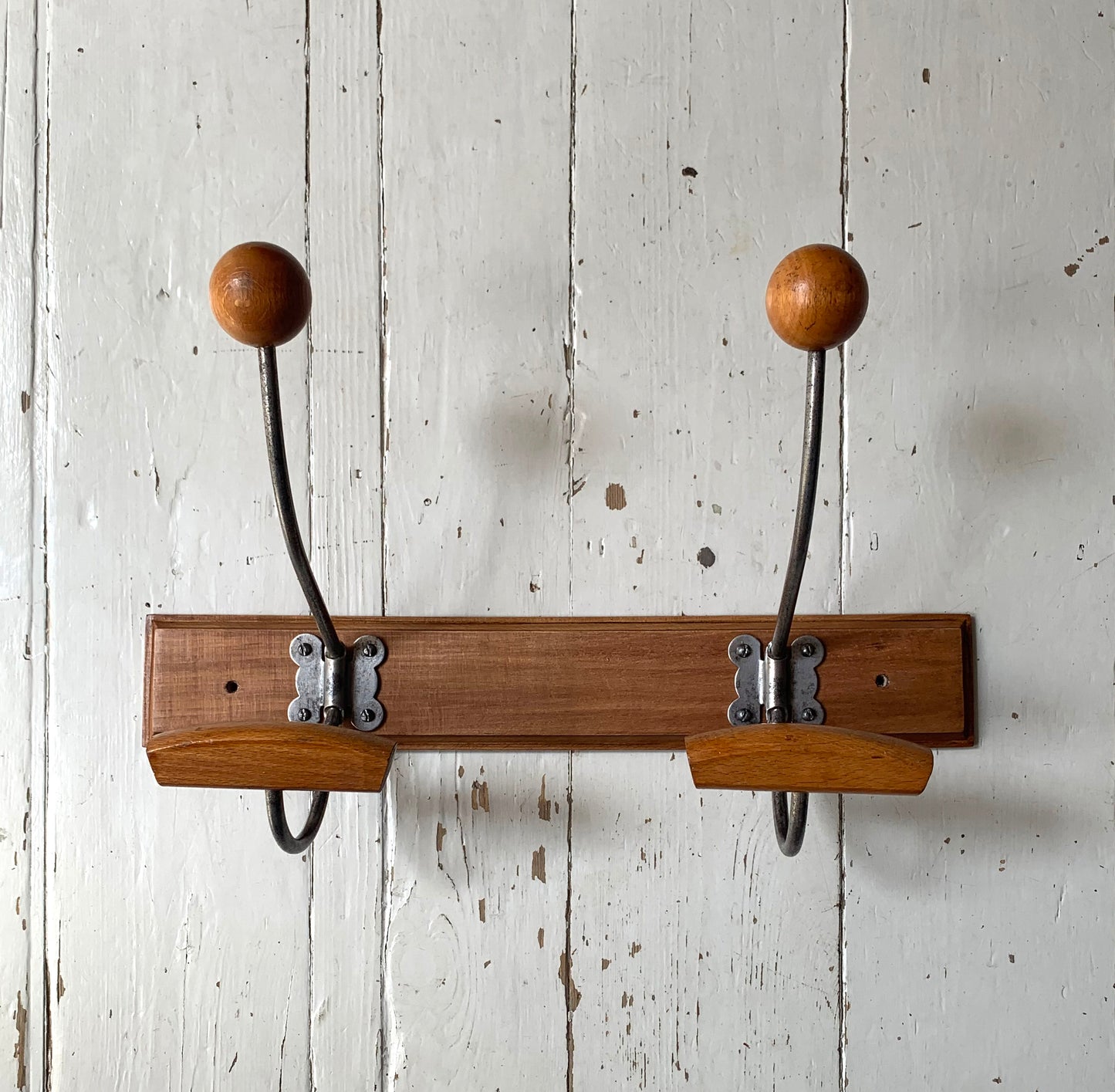 Vintage Wall Mounted Mid Century Modern Wooden Coat Rack with Two Double Hooks