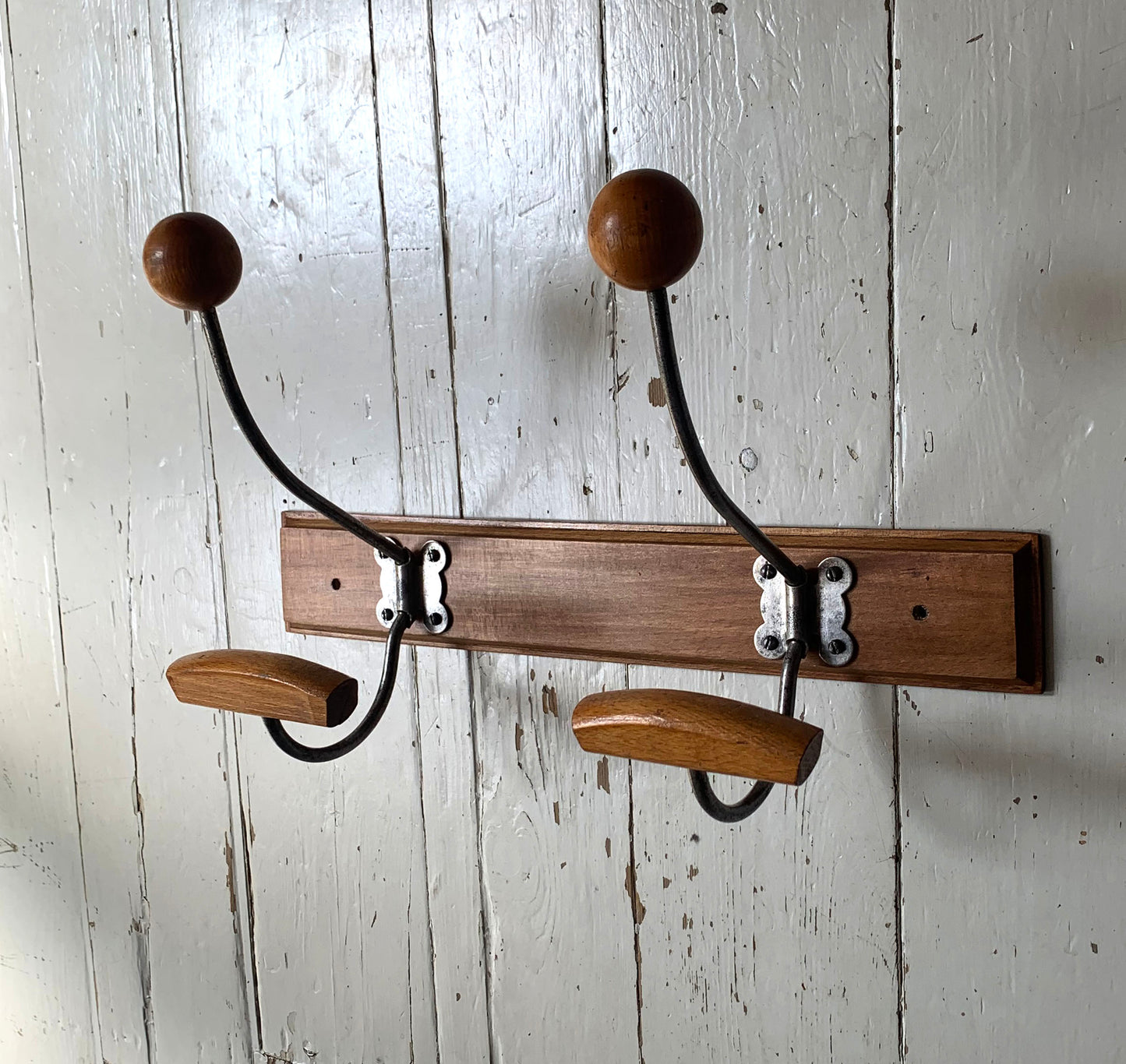 Vintage Wall Mounted Mid Century Modern Wooden Coat Rack with Two Double Hooks