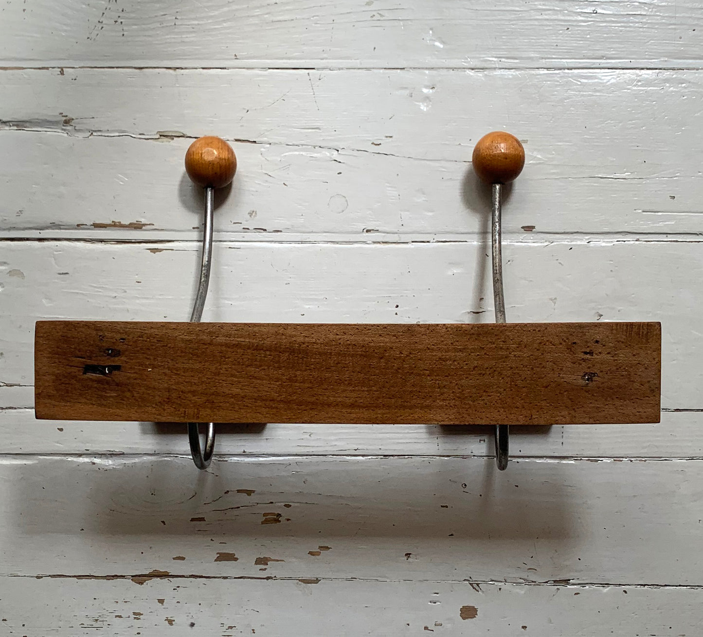 Vintage Wall Mounted Mid Century Modern Wooden Coat Rack with Two Double Hooks