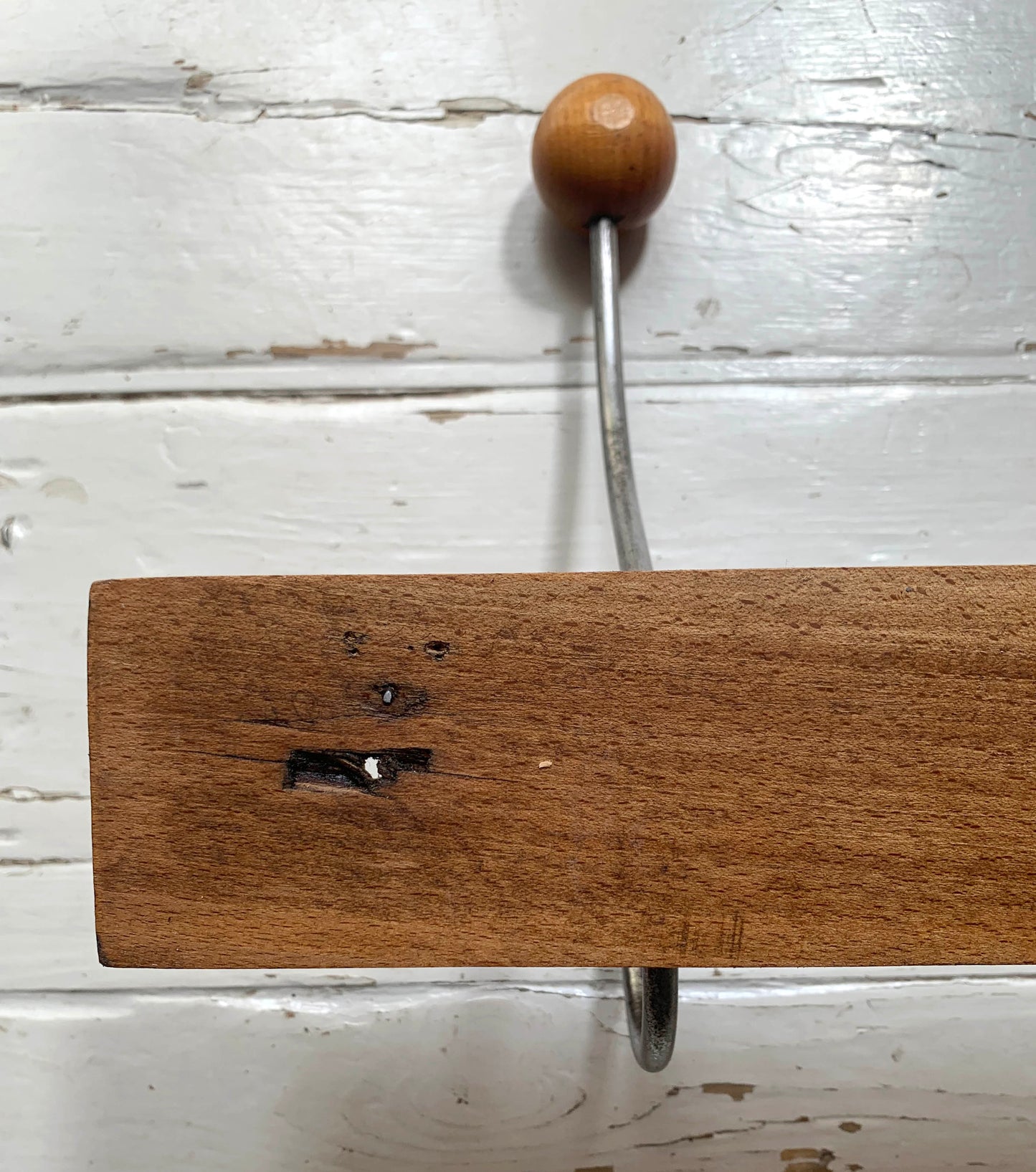 Vintage Wall Mounted Mid Century Modern Wooden Coat Rack with Two Double Hooks
