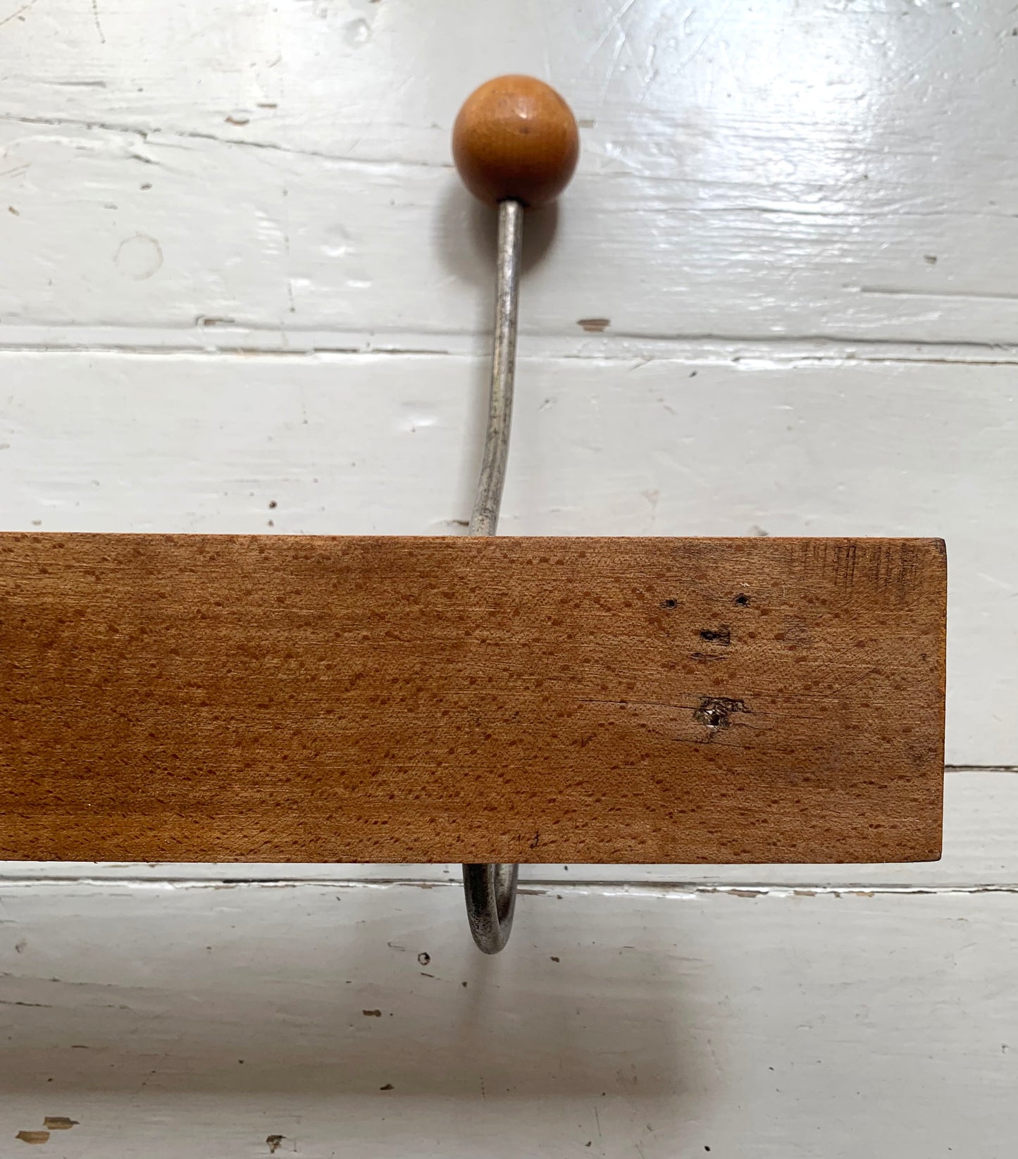 Vintage Wall Mounted Mid Century Modern Wooden Coat Rack with Two Double Hooks