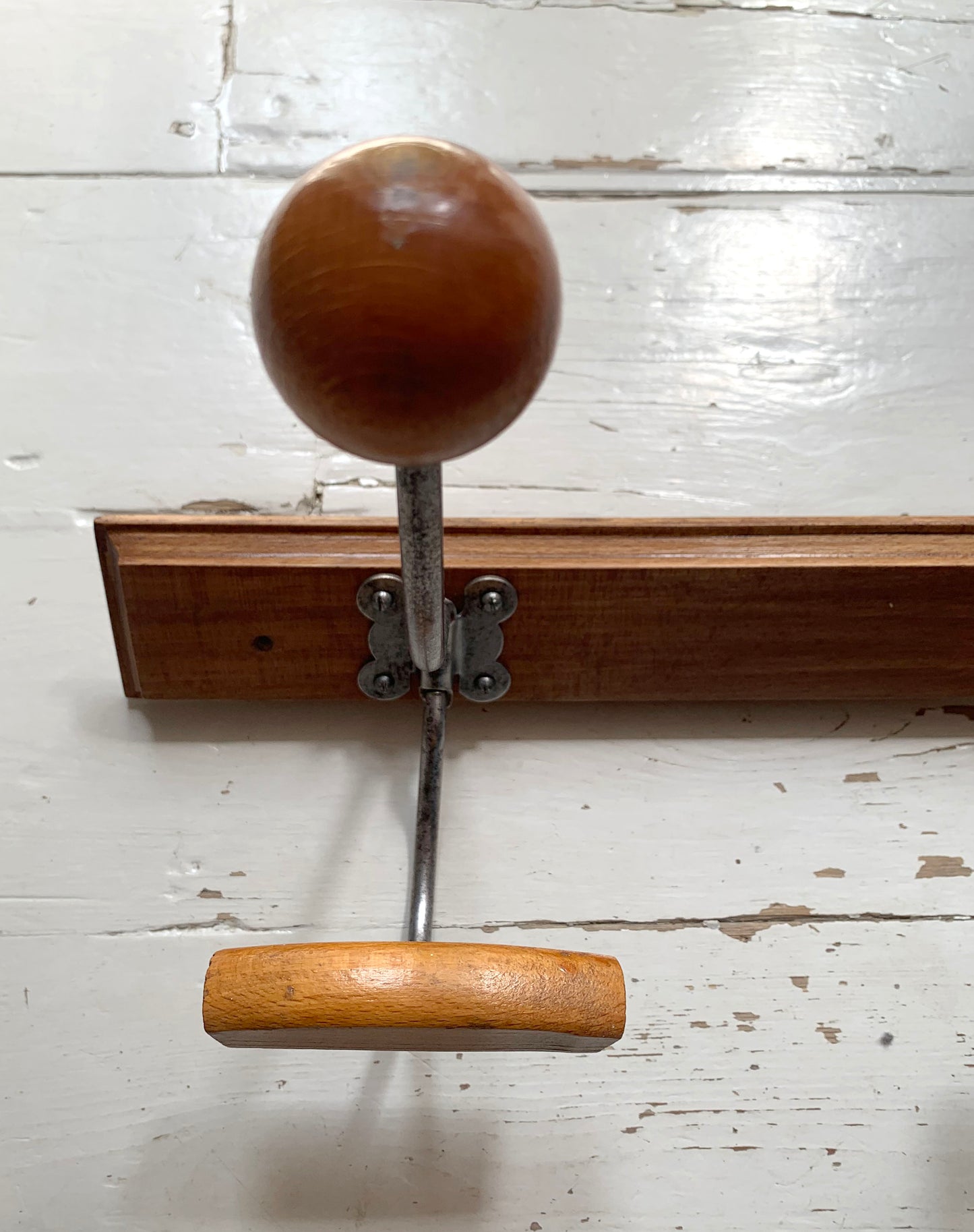 Vintage Wall Mounted Mid Century Modern Wooden Coat Rack with Two Double Hooks