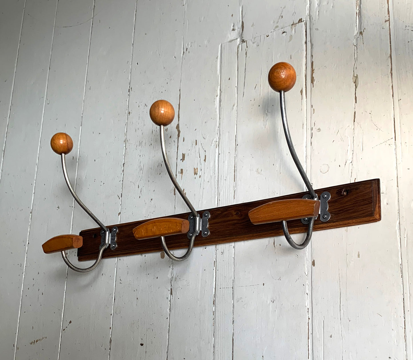 Vintage Wall Mounted Mid Century Modern Wooden Coat Rack with Three Double Hooks