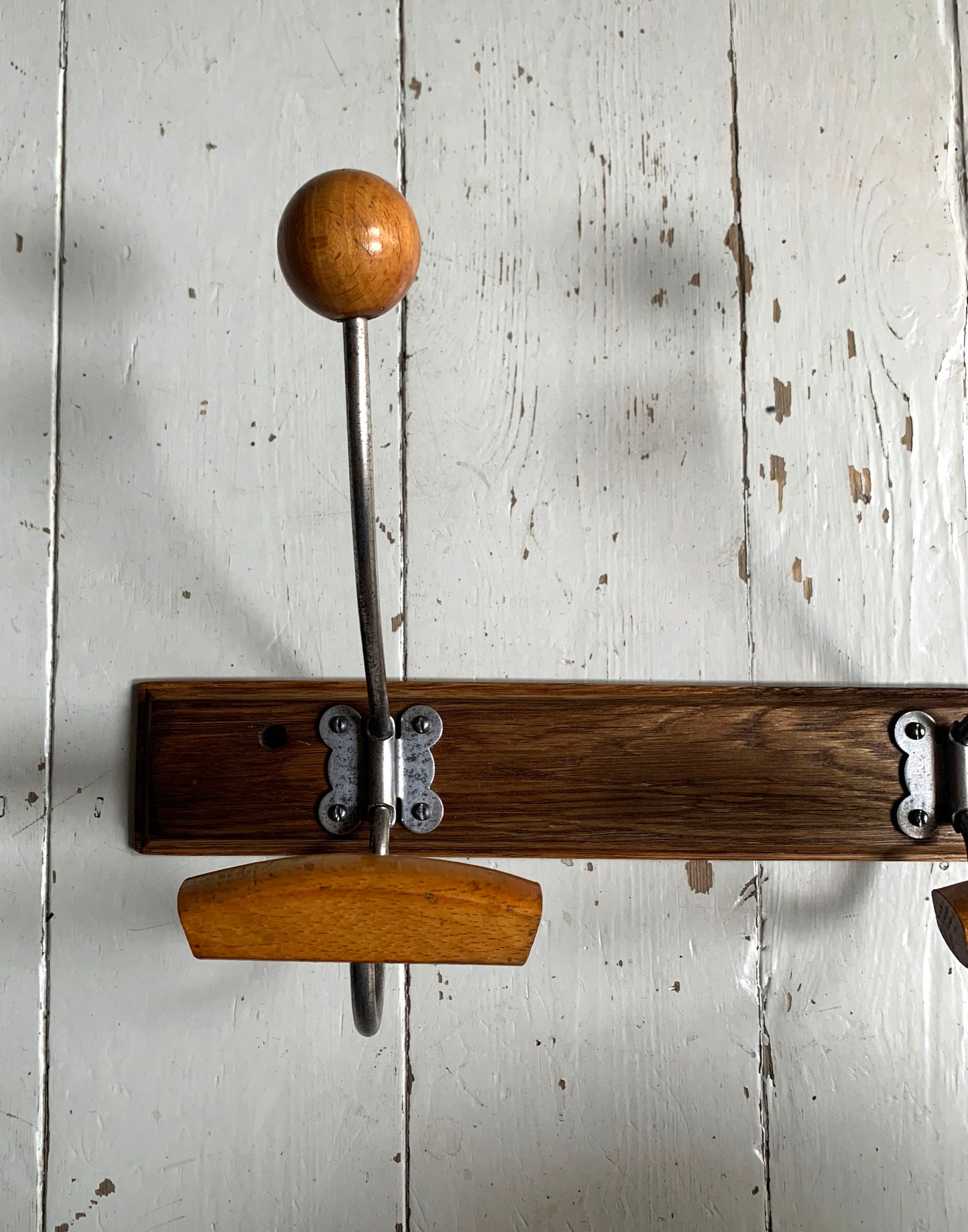 Vintage Wall Mounted Mid Century Modern Wooden Coat Rack with Three Double Hooks