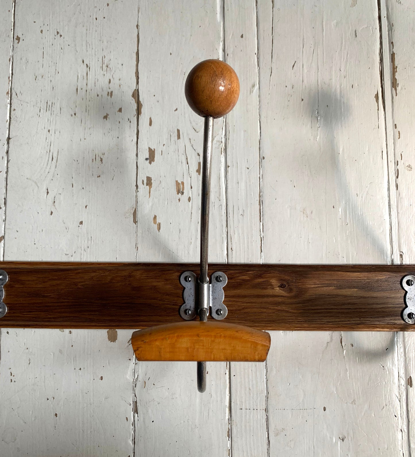 Vintage Wall Mounted Mid Century Modern Wooden Coat Rack with Three Double Hooks