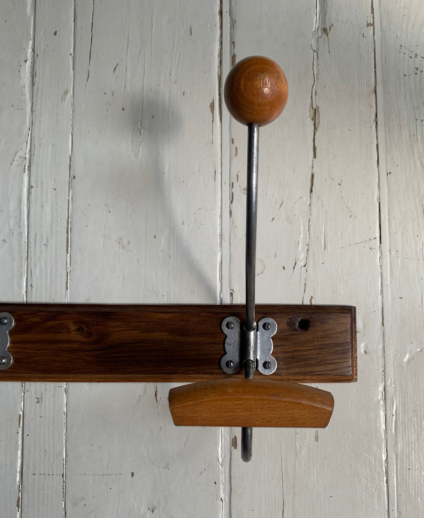 Vintage Wall Mounted Mid Century Modern Wooden Coat Rack with Three Double Hooks