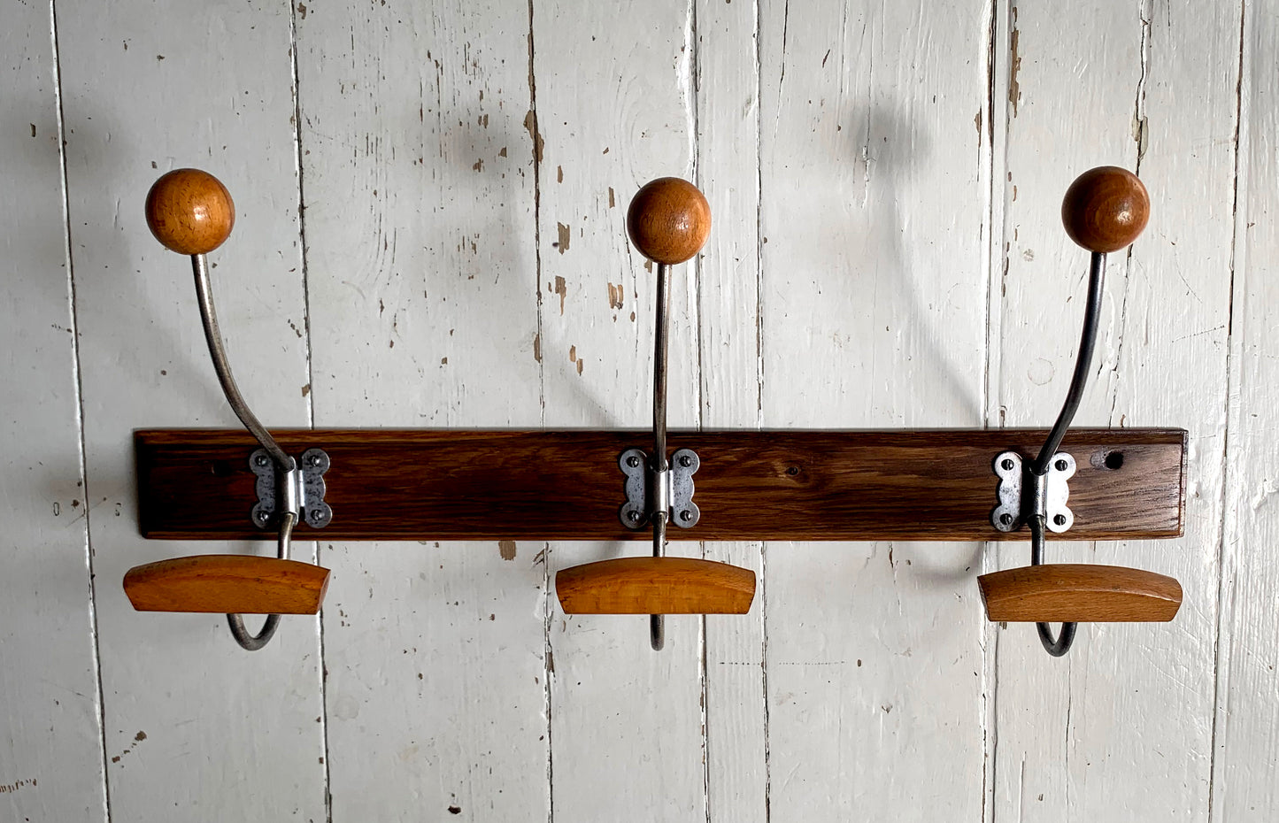 Vintage Wall Mounted Mid Century Modern Wooden Coat Rack with Three Double Hooks
