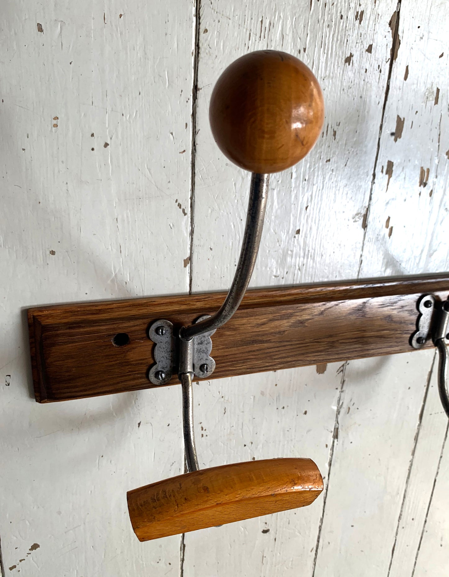 Vintage Wall Mounted Mid Century Modern Wooden Coat Rack with Three Double Hooks