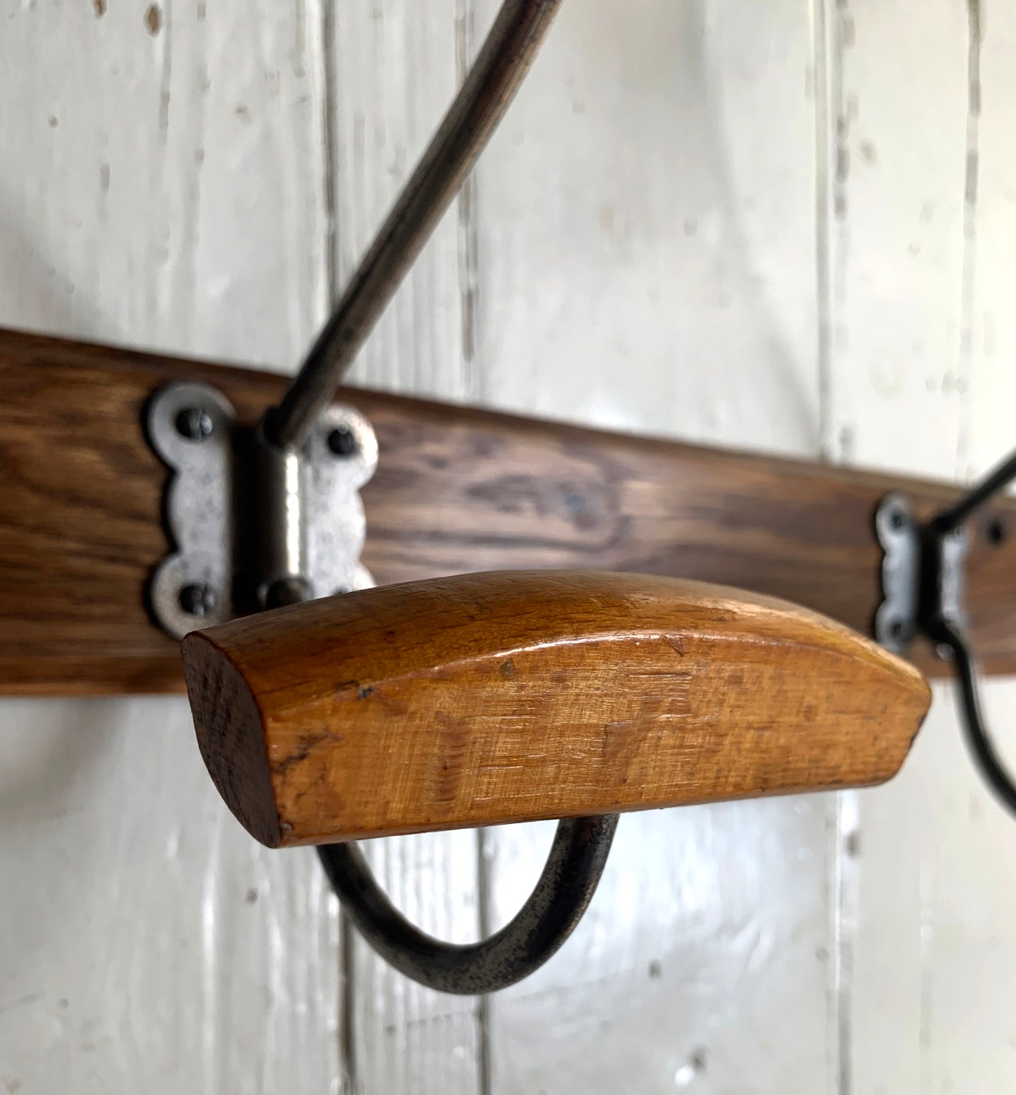 Vintage Wall Mounted Mid Century Modern Wooden Coat Rack with Three Double Hooks