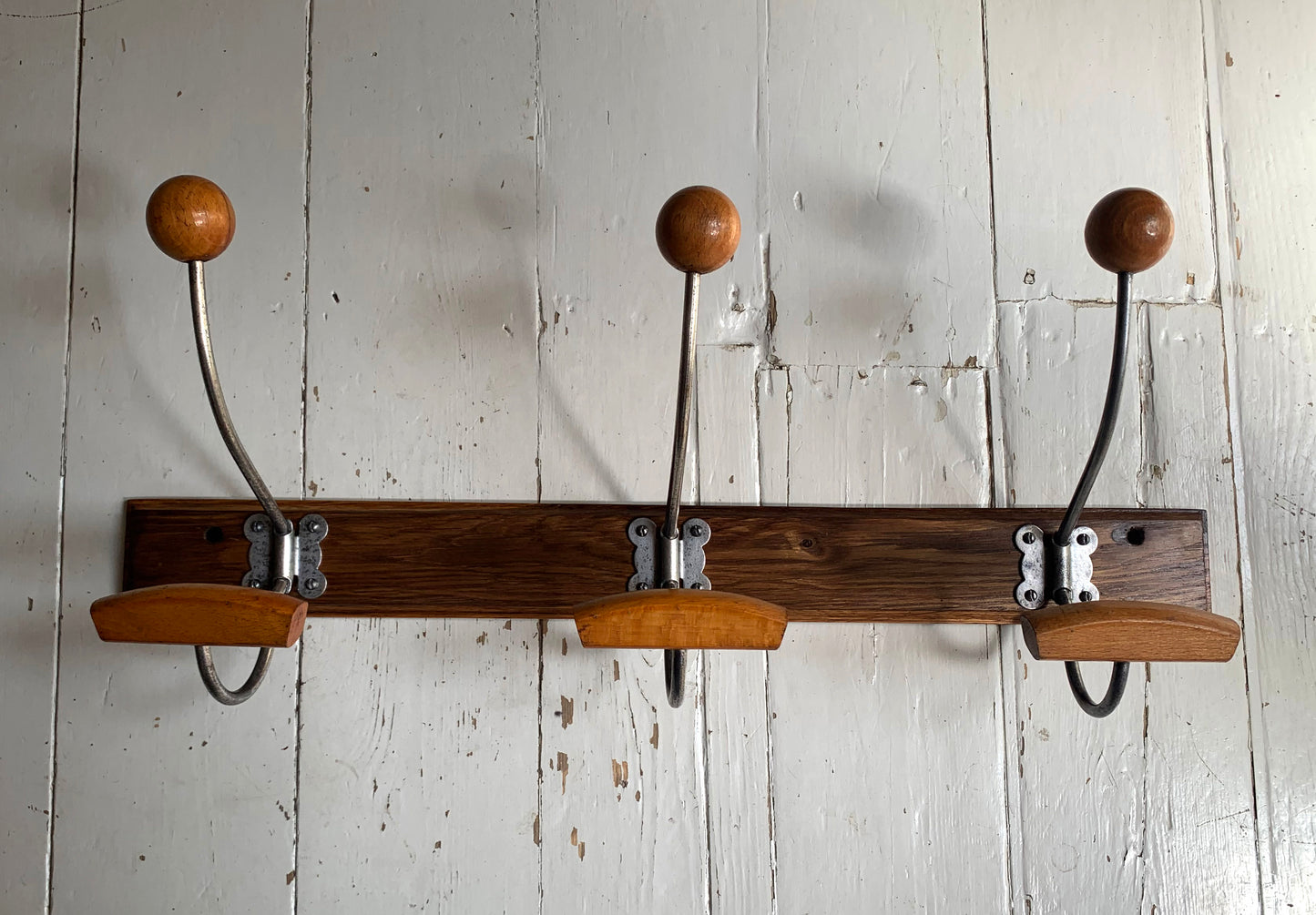 Vintage Wall Mounted Mid Century Modern Wooden Coat Rack with Three Double Hooks