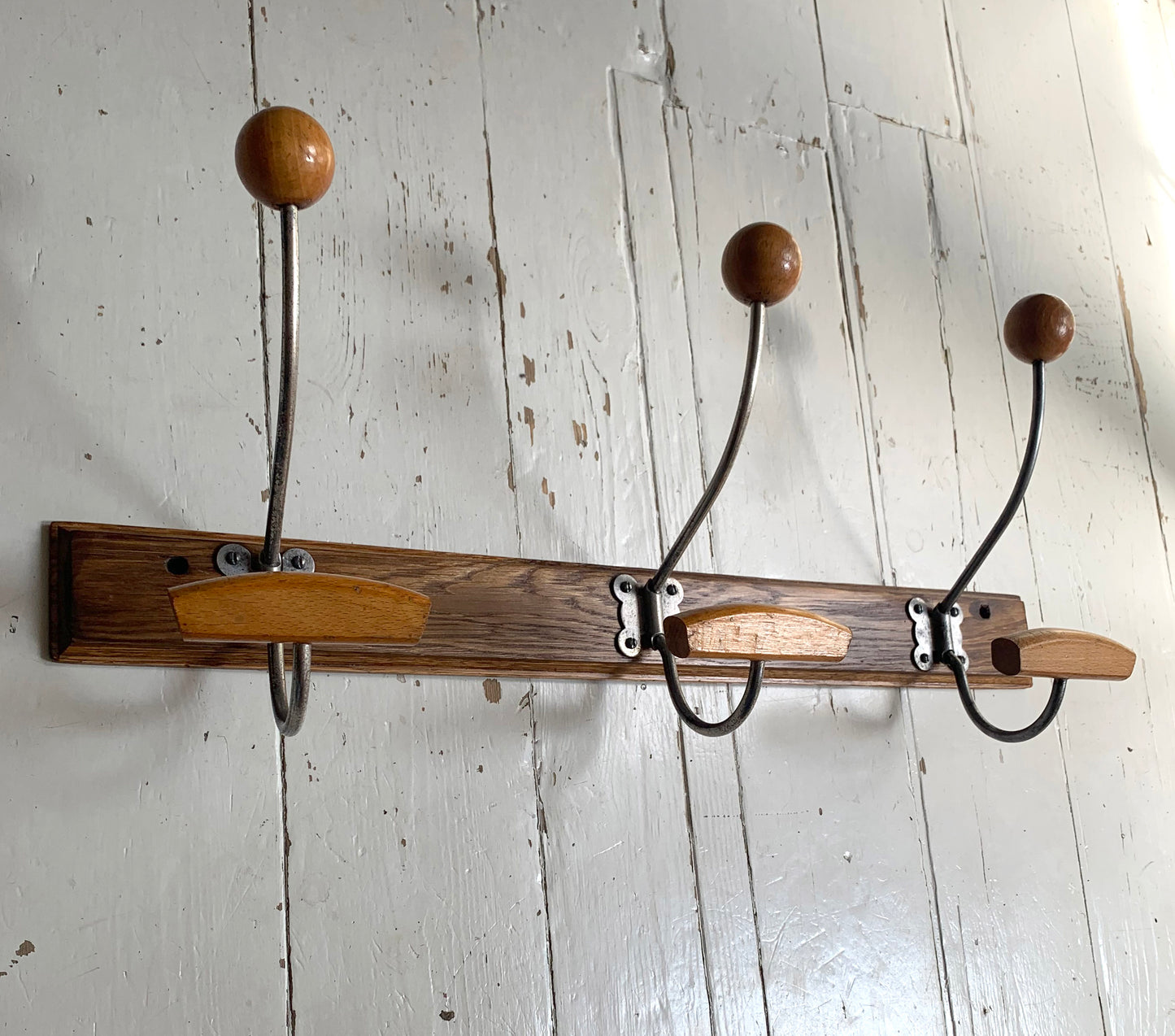 Vintage Wall Mounted Mid Century Modern Wooden Coat Rack with Three Double Hooks