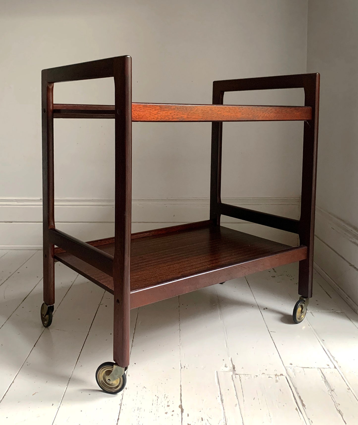 Vintage Mid Century Modern Dark Teak Drinks Trolley / Bar Cart With Brass Wheels