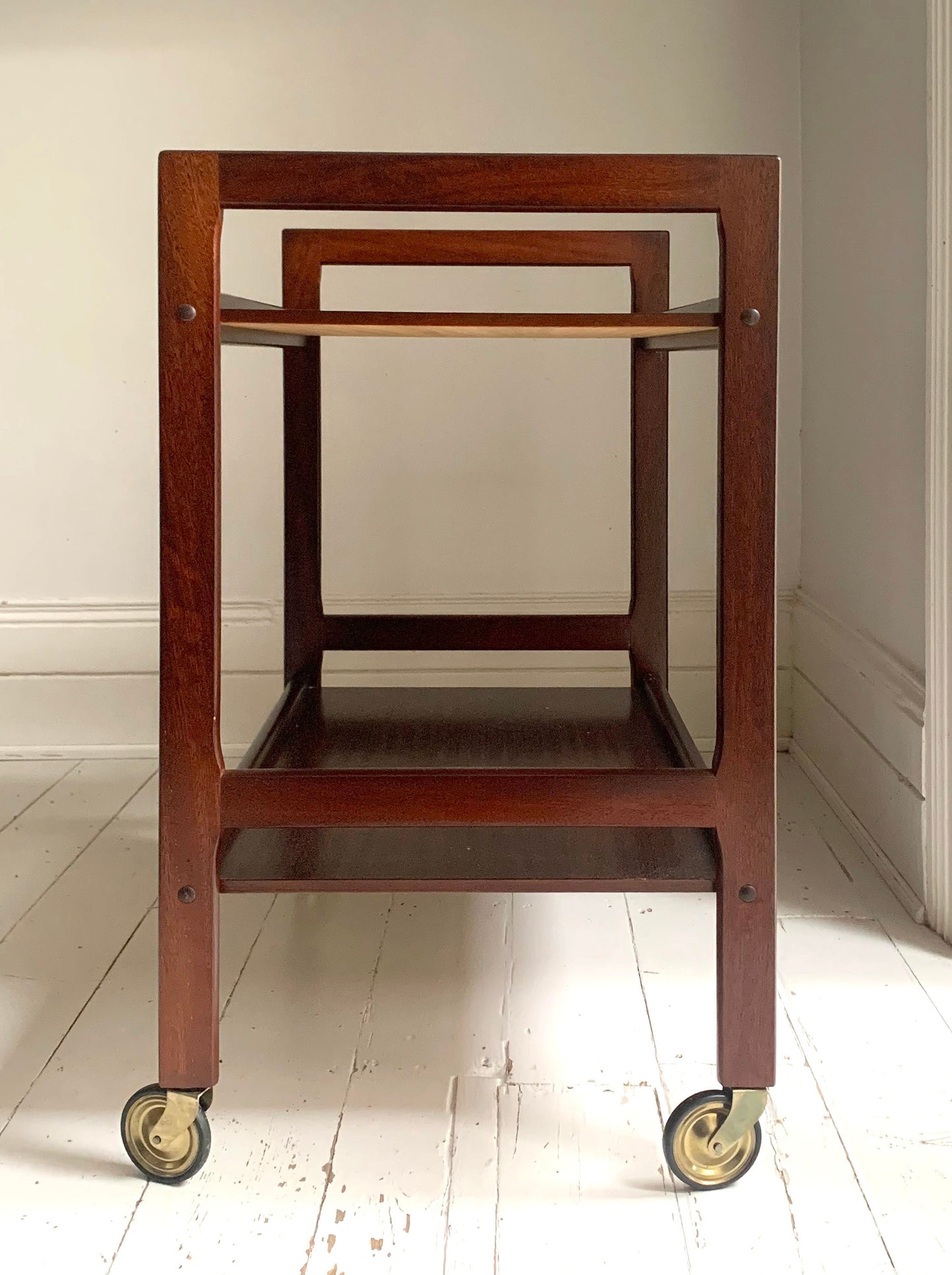Vintage Mid Century Modern Dark Teak Drinks Trolley / Bar Cart With Brass Wheels